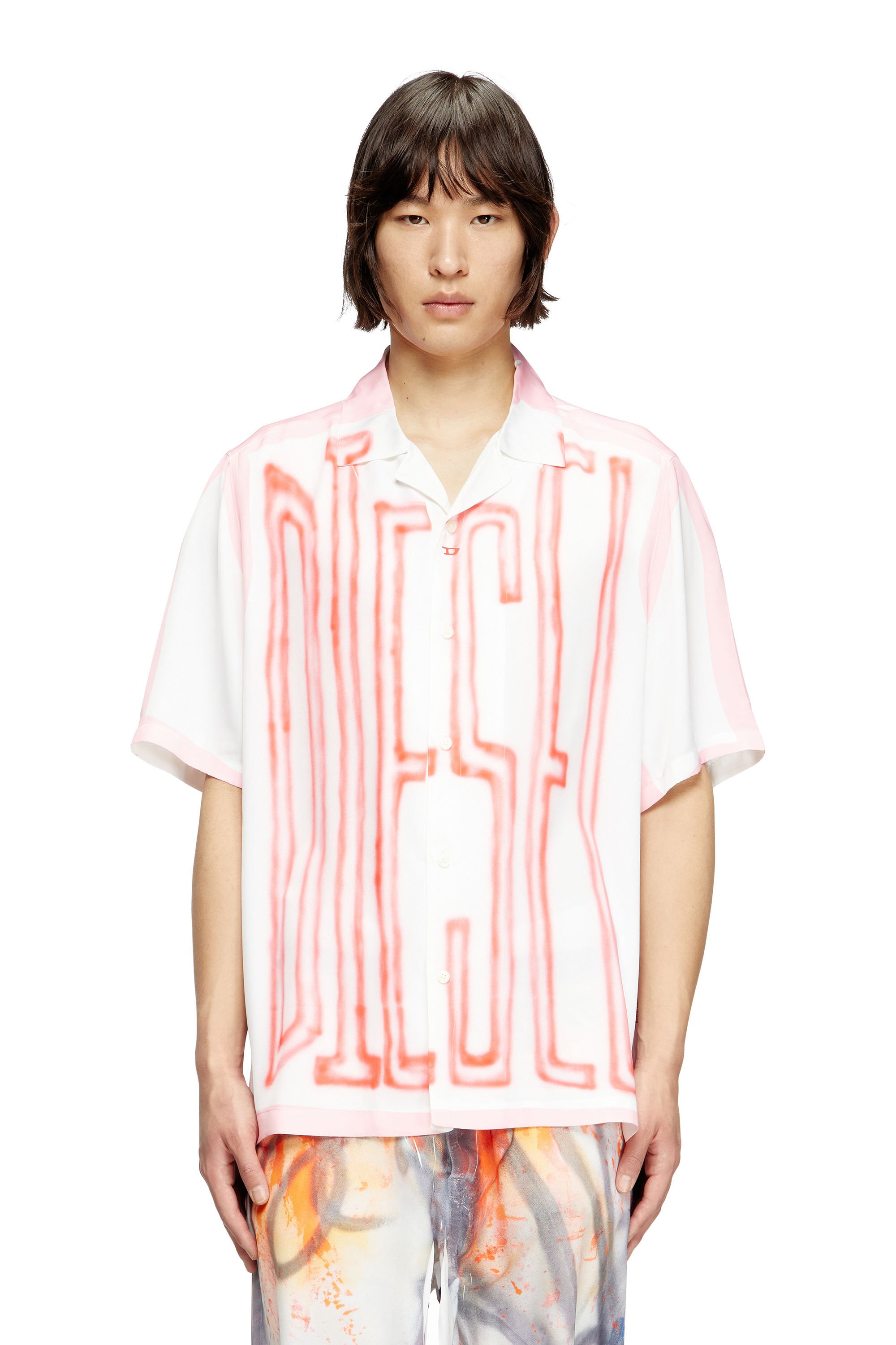 Diesel - C-PAROSHORT-GRAFFITI-FRA, Unisex's Satin bowling shirt with graffiti logo in ピンク/ホワイト - 2