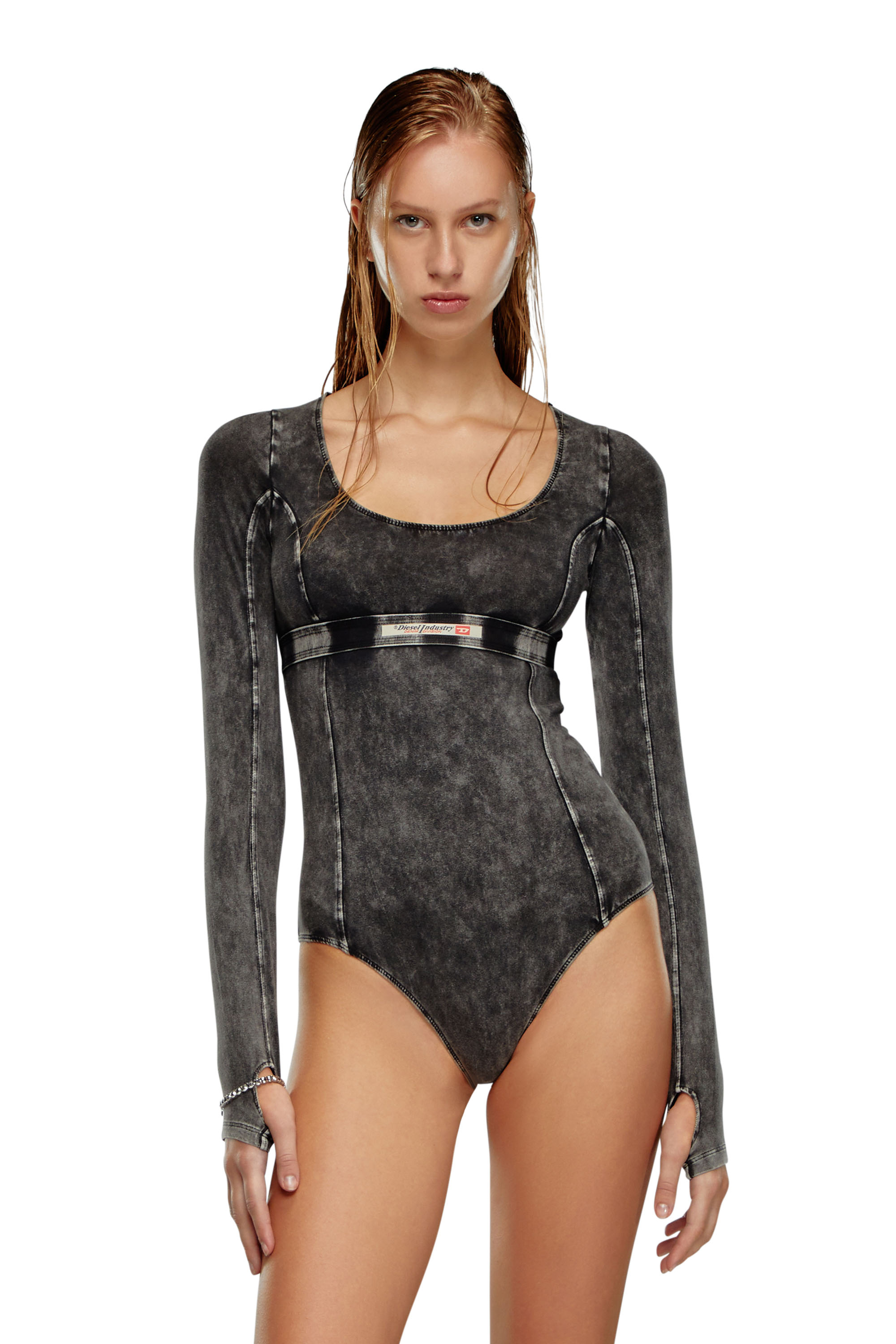 Diesel - UFBY-NIKLA, Female's Long-sleeve bodysuit in denim-effect jersey in ブラック - 3