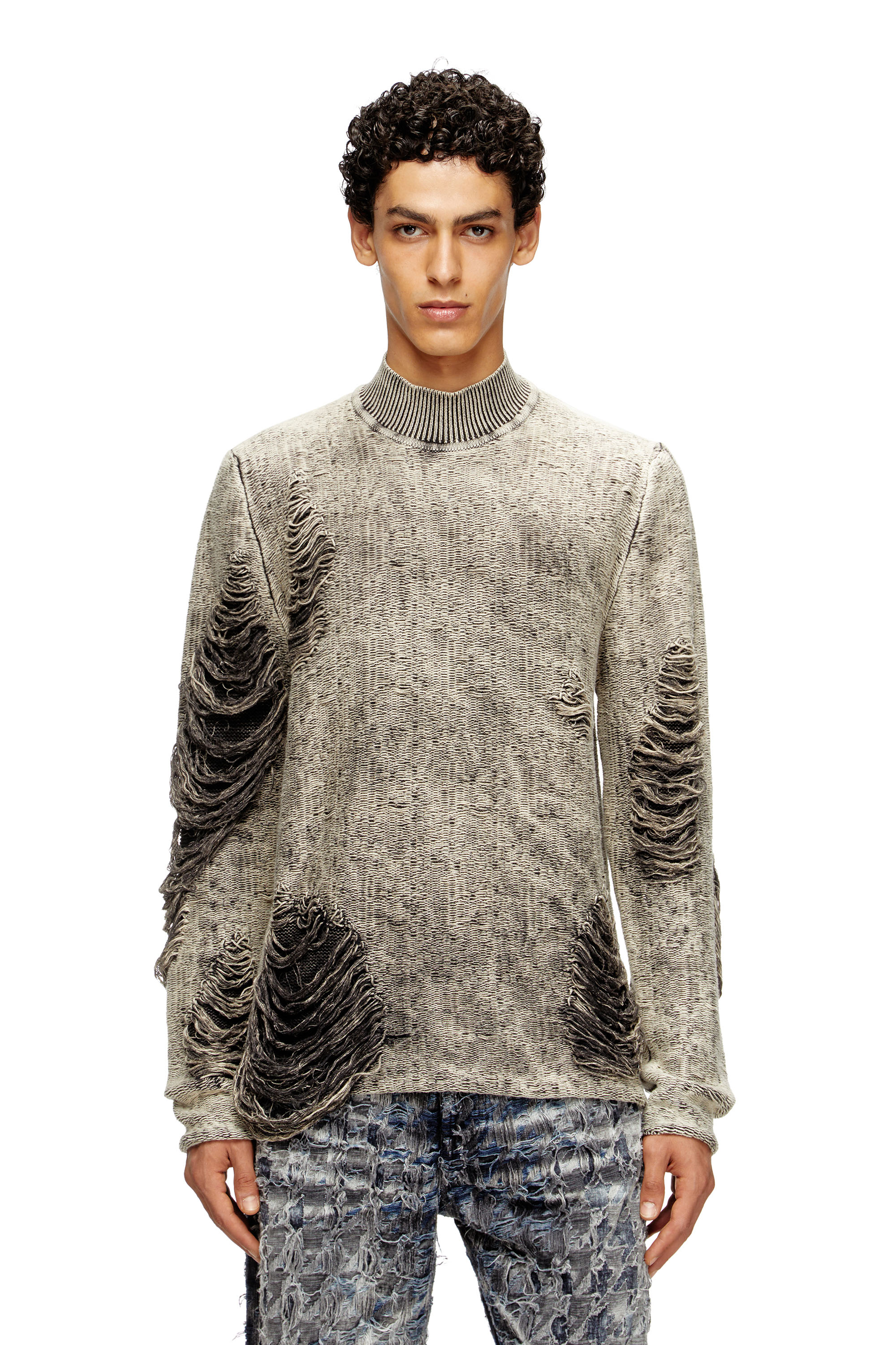 Diesel - K-FJORDI, Male's Destroyed jumper with floating yarns in グレー - 3