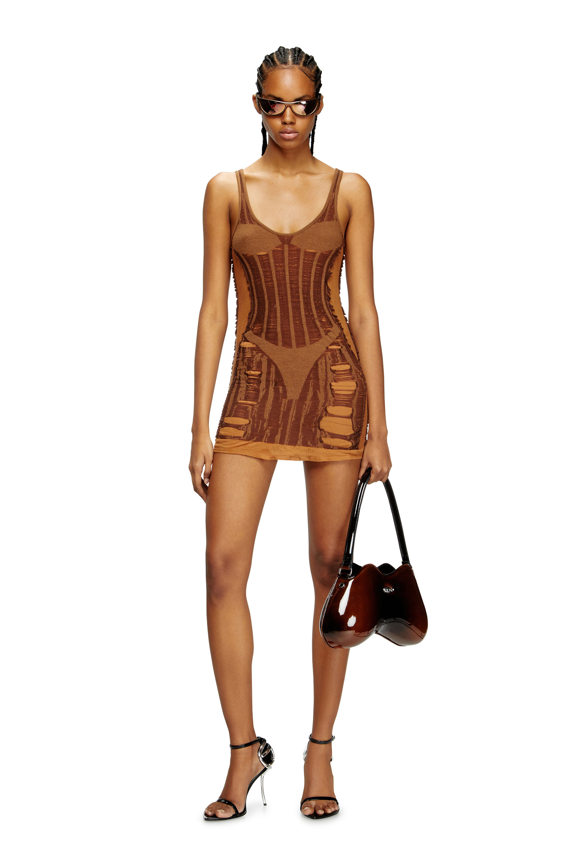 Diesel - M-CALIMERA-SHORT, Female's Mini dress in distressed second-skin knit in ブラウン - 2