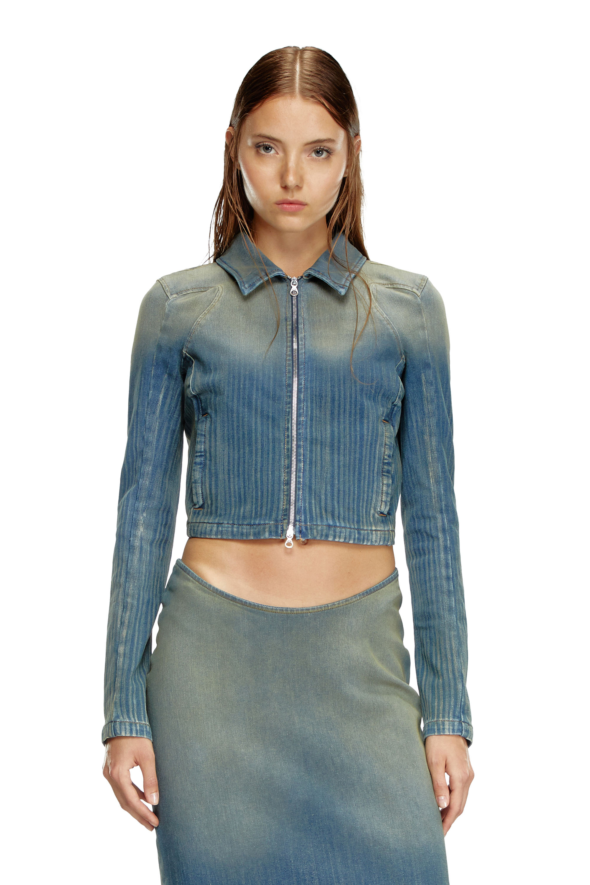Diesel - DE-SILEN-S, Female's Cropped jacket in light streaky denim in ミディアムブルー - 1