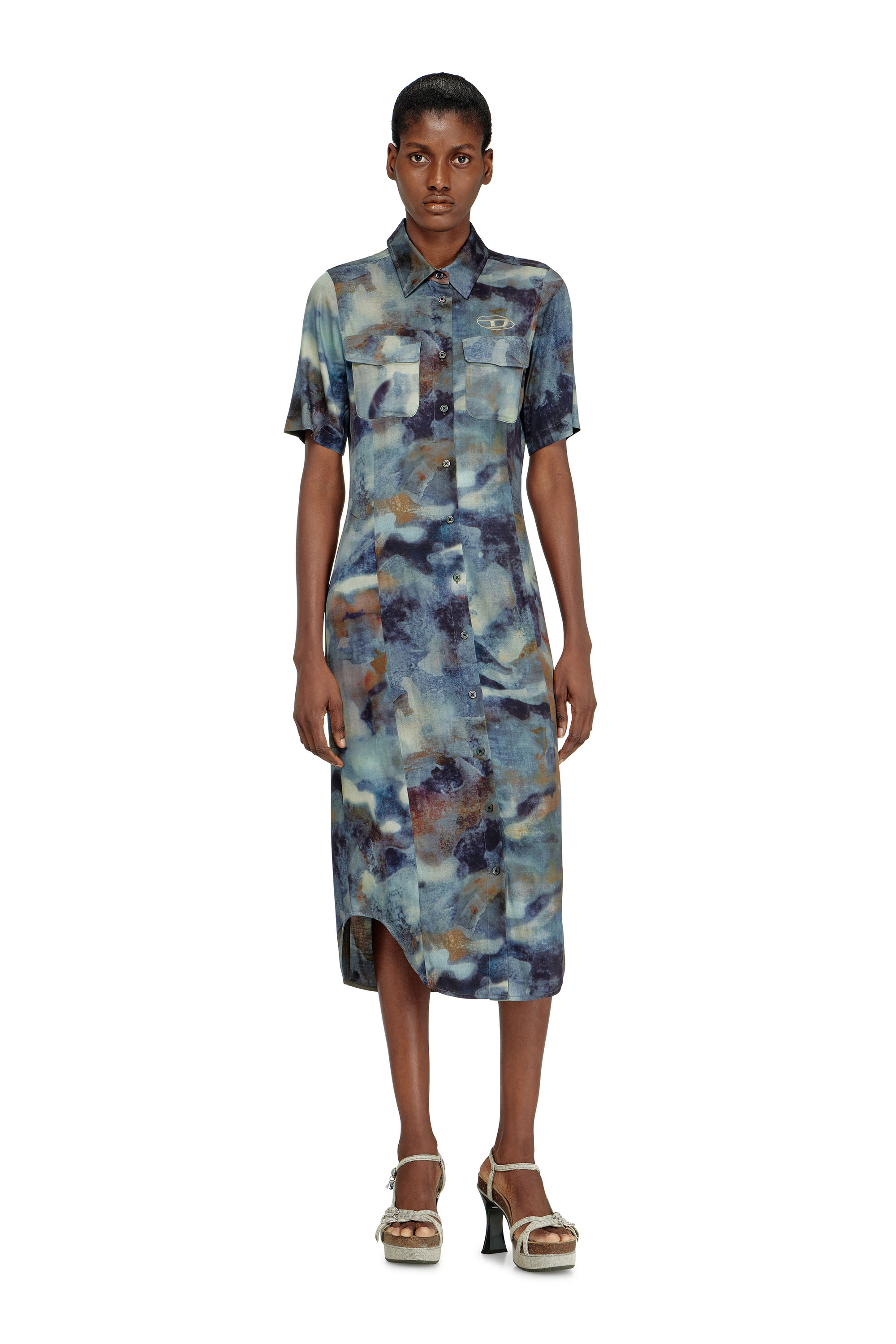 Diesel - D-ANA, Female's Satin shirt-dress with all-over camo print in ブルー - 1