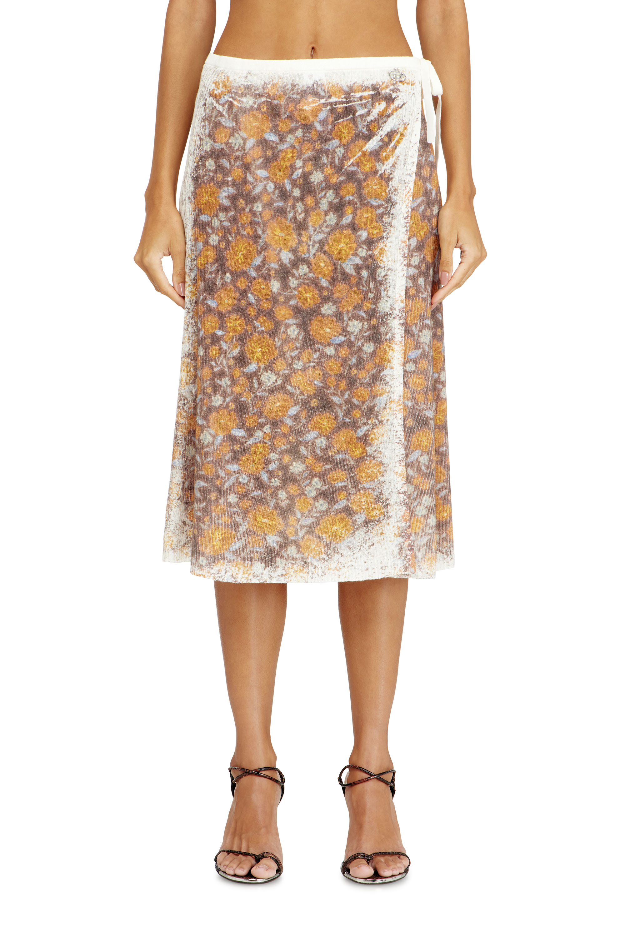 Diesel - M-BLOMETTE, Female's Floral-print midi wrap skirt in linen knit in ブラウン - 1