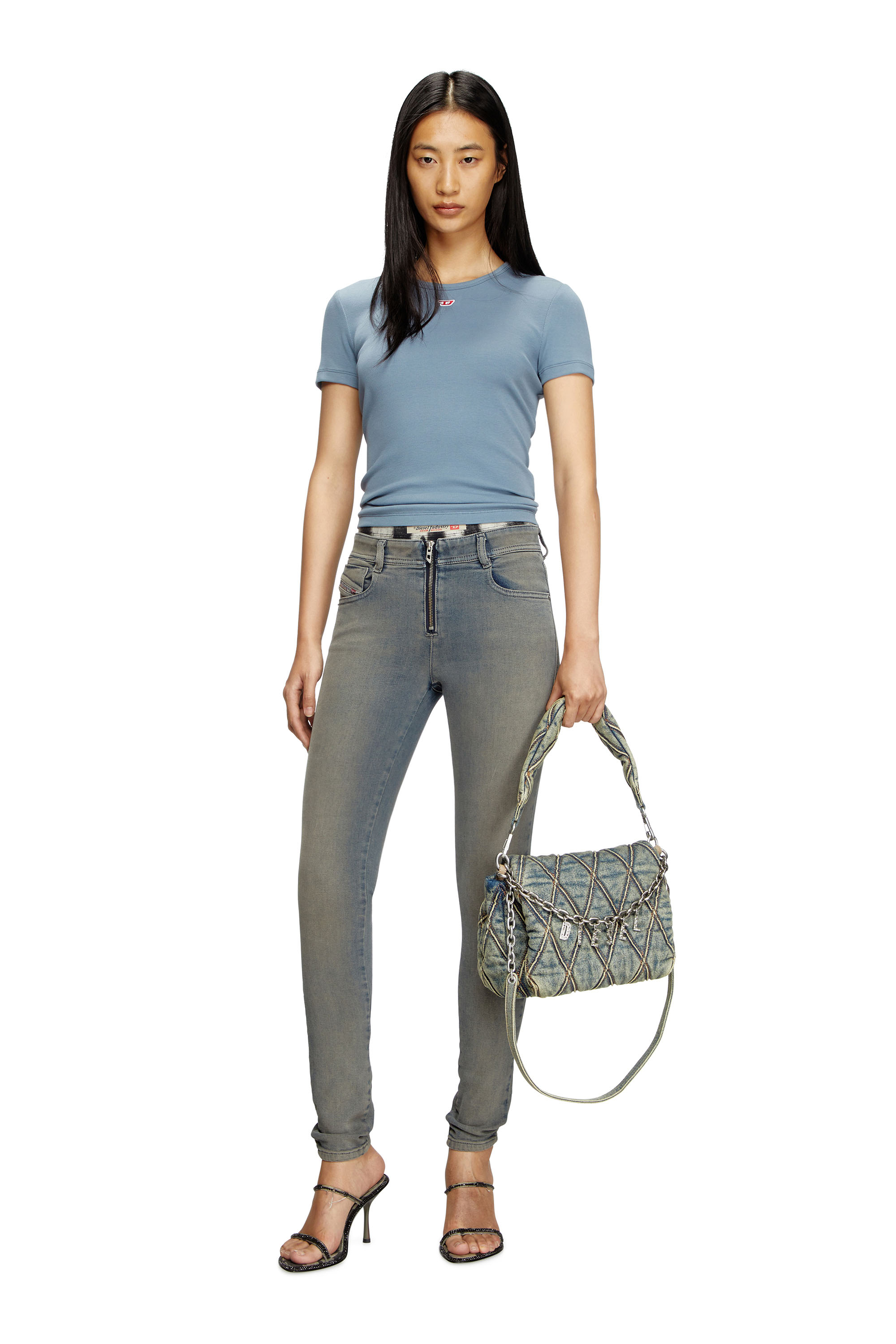 Diesel - T-ELE-LONG-D, Female's T-shirt with D logo patch in ライトブルー - 1