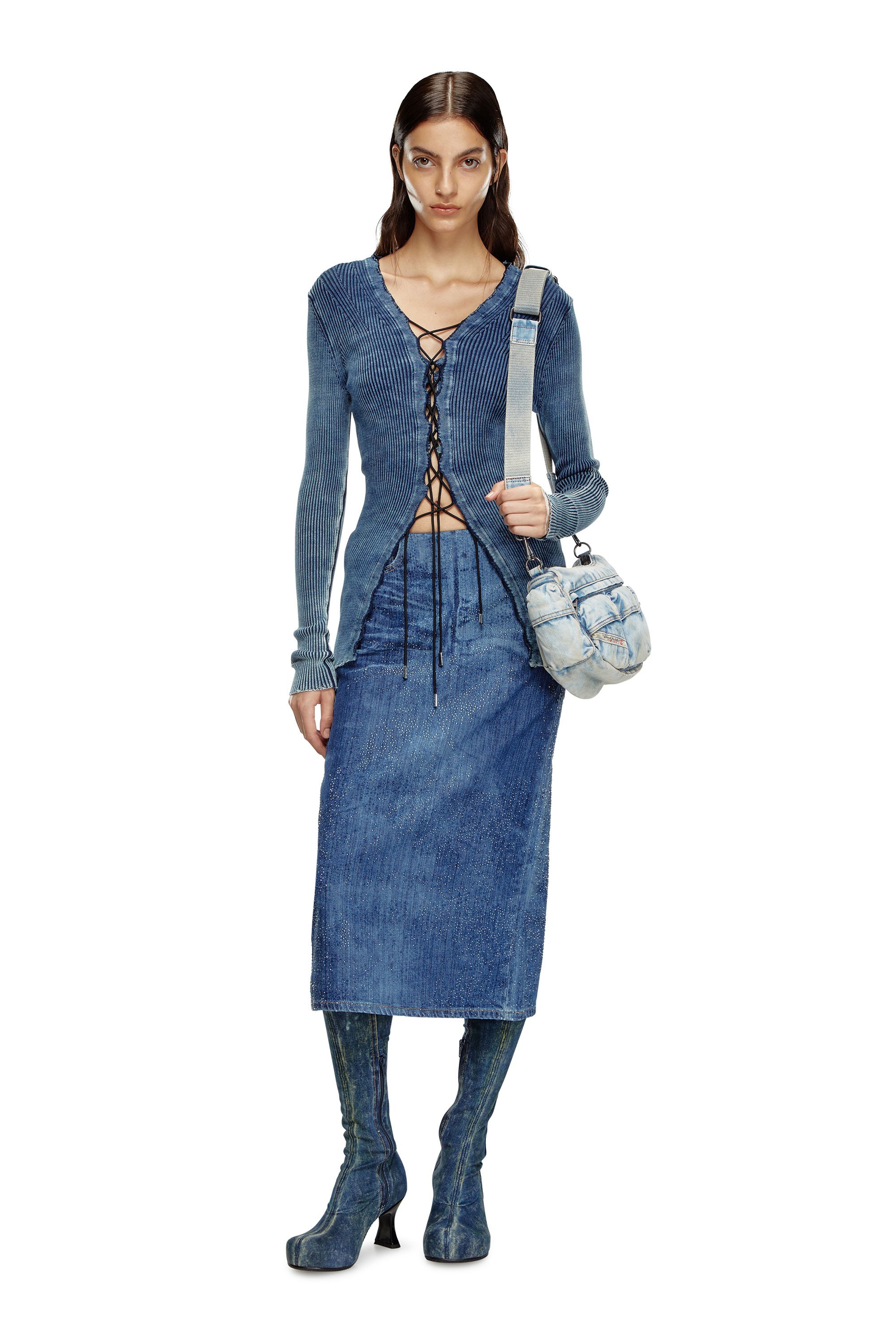 Diesel - DE-PRA-S3, Female's Pencil skirt in rhinestone denim in ダークブルー - 1