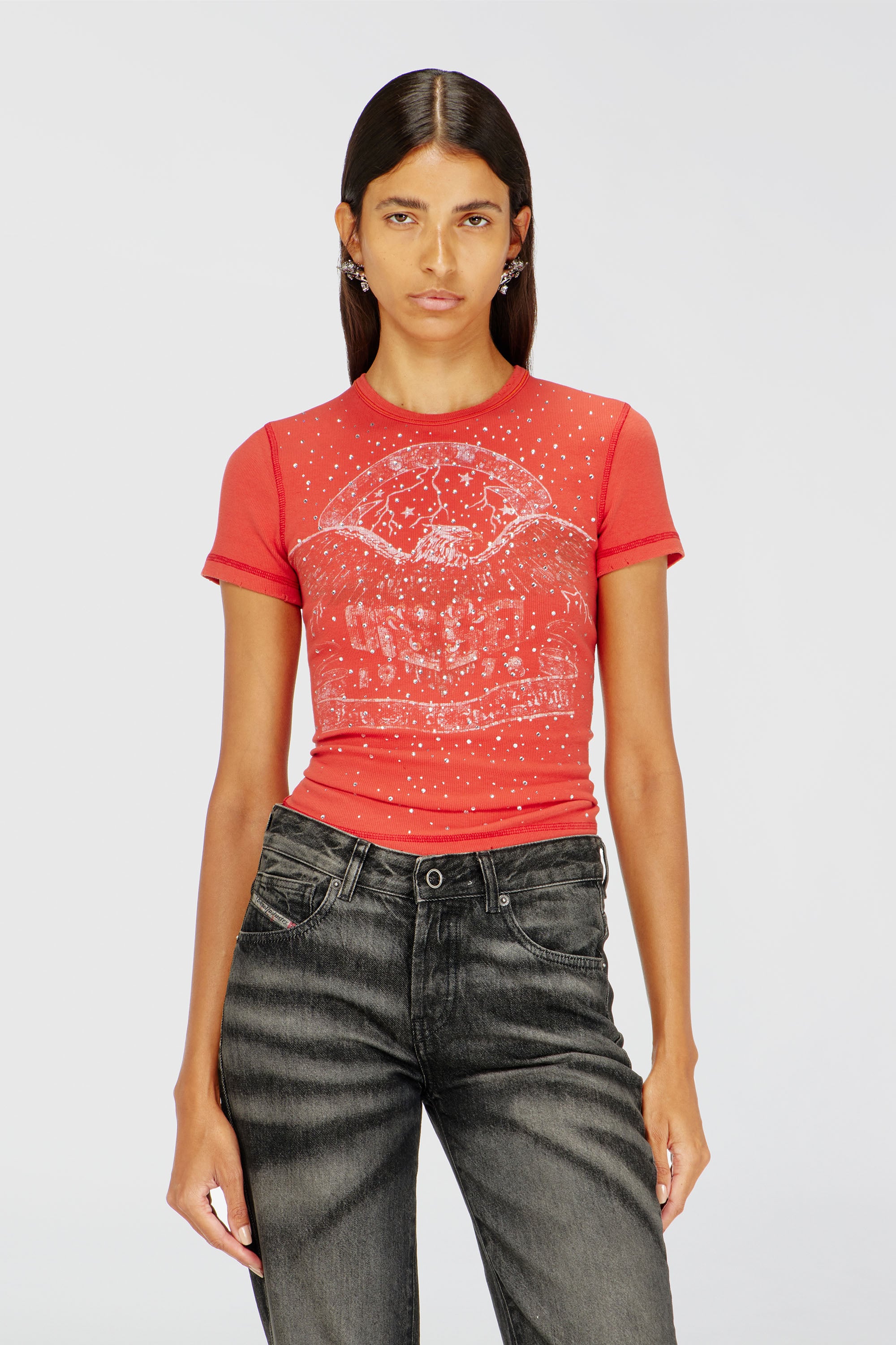 Diesel - T-MARSY-RIB-CRY, Female's T-shirt with concert graphics and crystals in null - 1