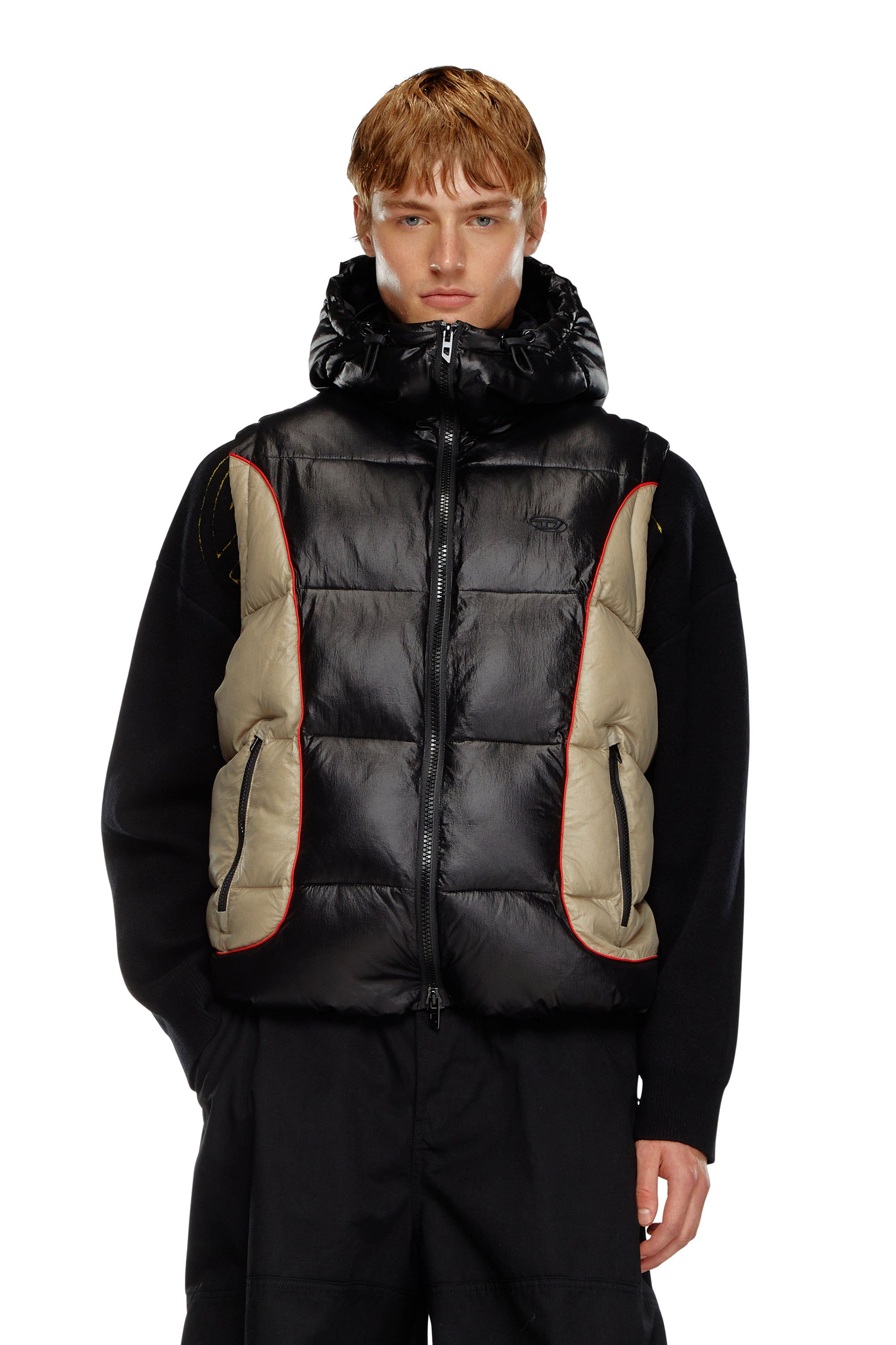 Diesel - W-OSTEND-SL, Male's Hooded puffer vest in shiny ripstop in ブラック/ベージュ - 3