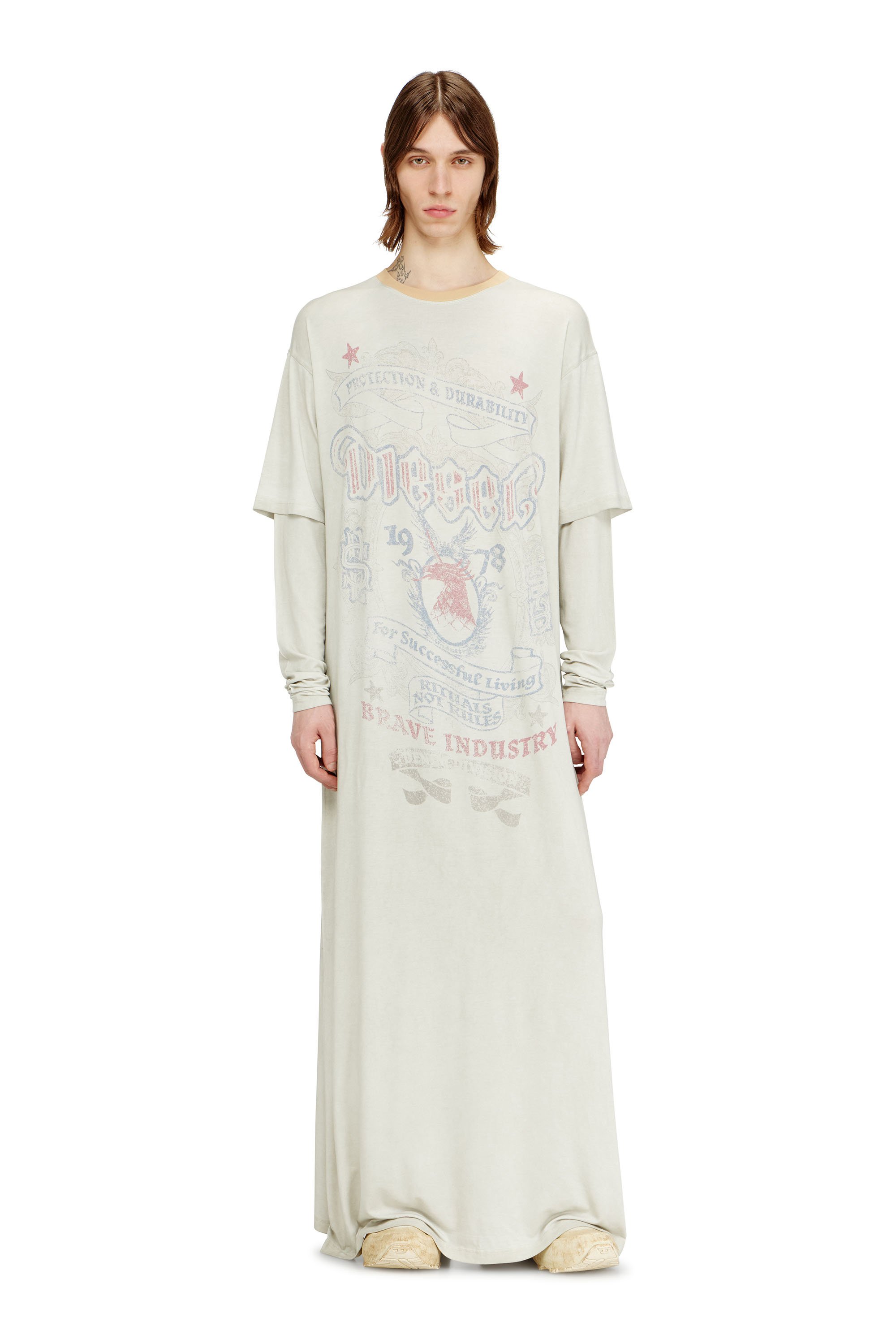 Diesel - T-AMADO, Male's Ultra-long T-shirt with layered sleeves in ホワイト - 1