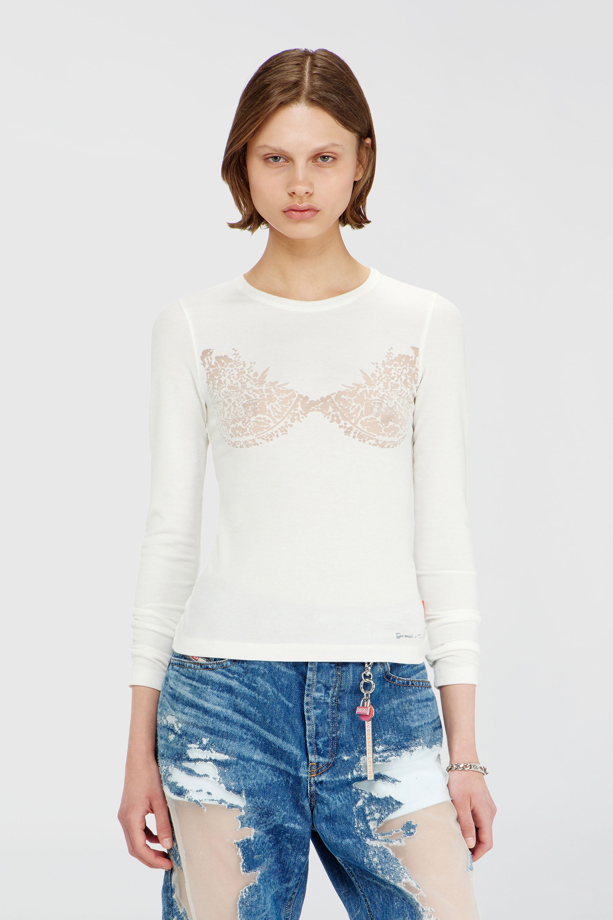 Diesel - PR-T-MOKKI-LS-R, Female's Top with devor&eacute; lace effect in ホワイト - 1