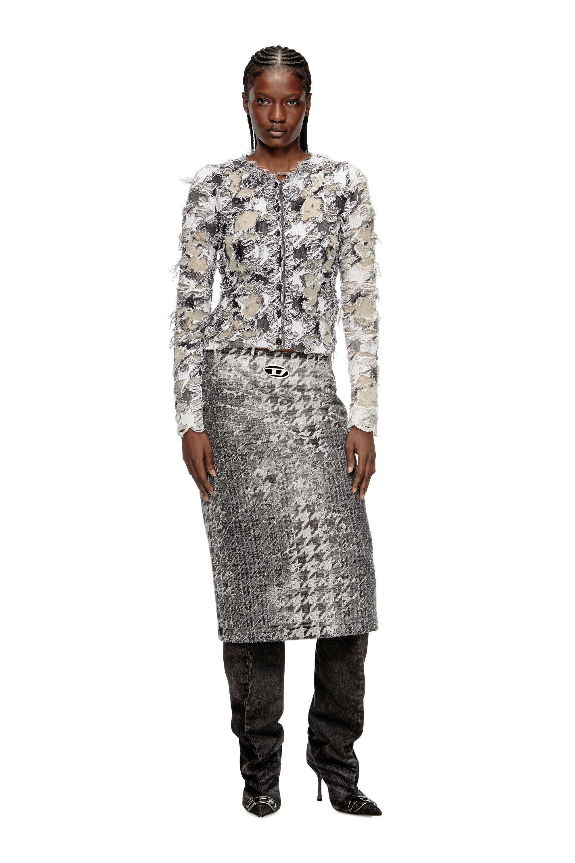 Diesel - M-SIBYLLA, Female's Cardigan in devoré houndstooth jacquard in グレー/ホワイト - 2