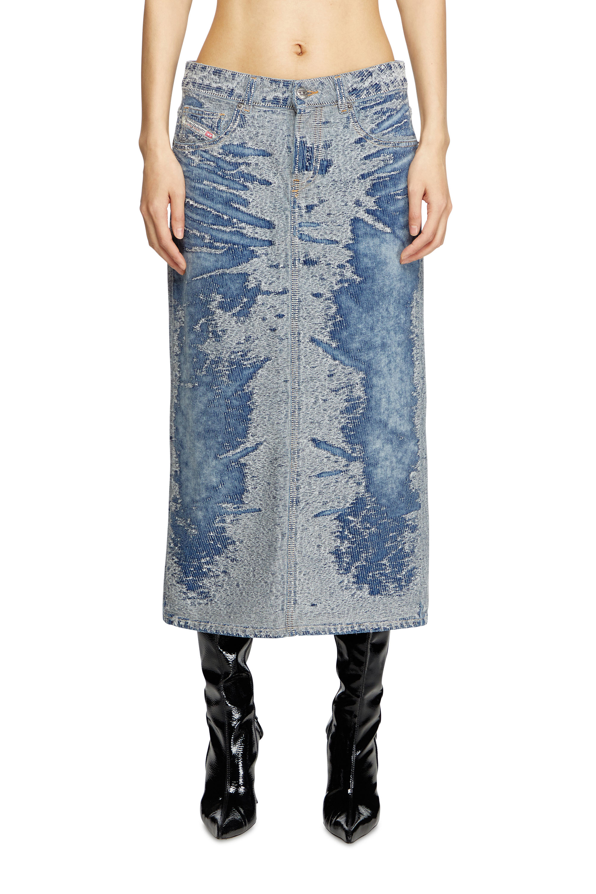 Diesel - DE-SKYE-S, Female's Midi skirt in distressed jacquard denim in ライトブルー - 3
