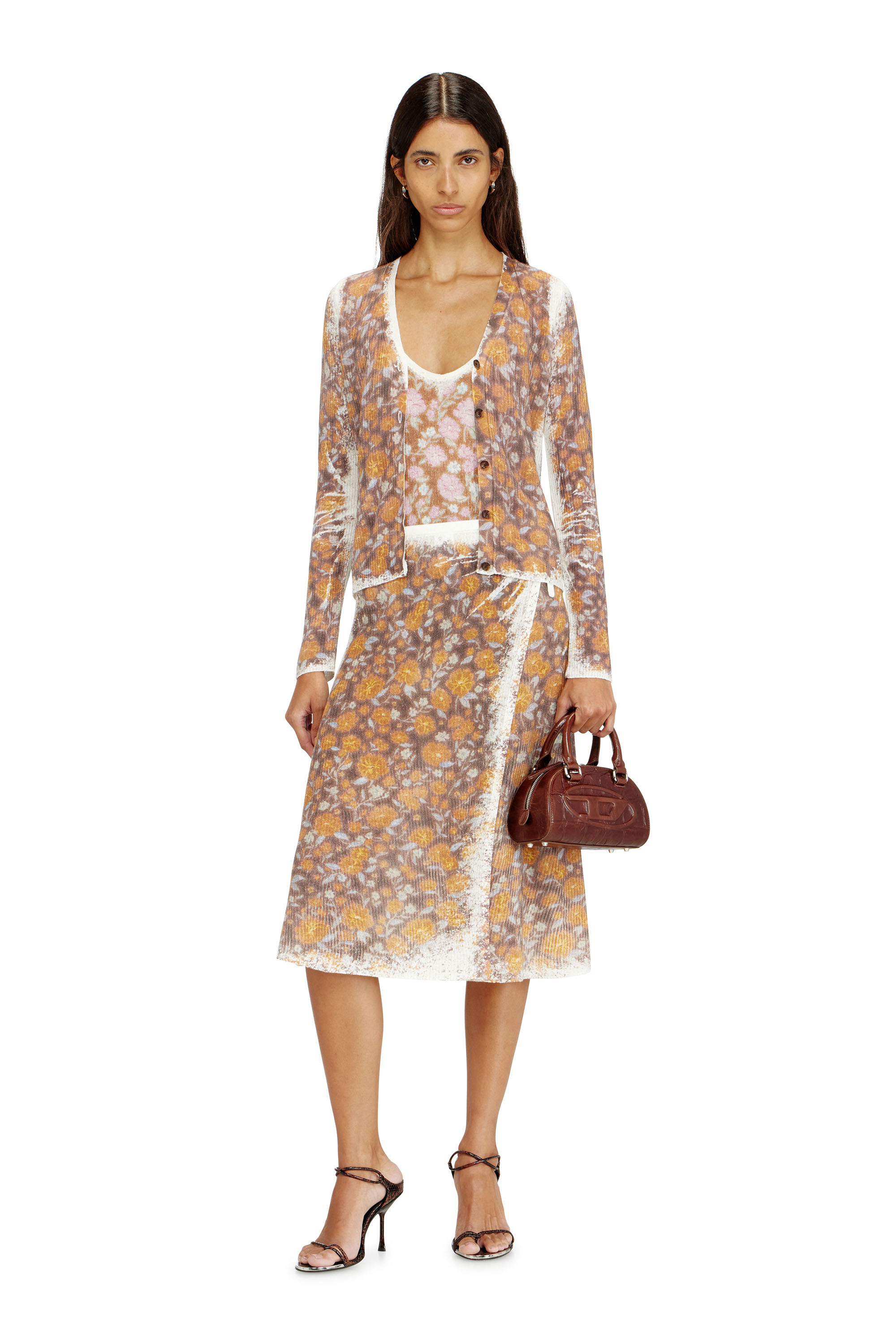 Diesel - M-BLOMETTE, Female's Floral-print midi wrap skirt in linen knit in ブラウン - 1