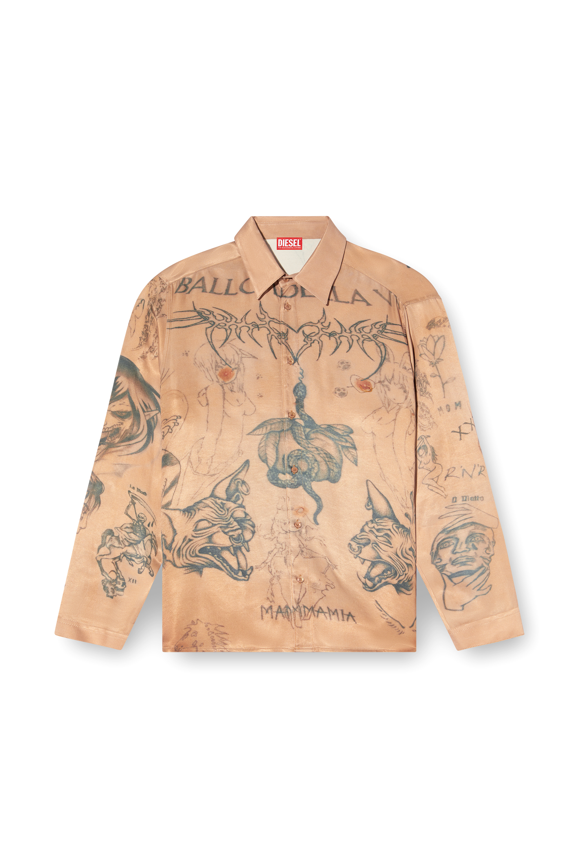 Diesel - S-SIMPLY-TTO-DD, Unisex's Fluid satin shirt with tattoo print in ベージュ - 4