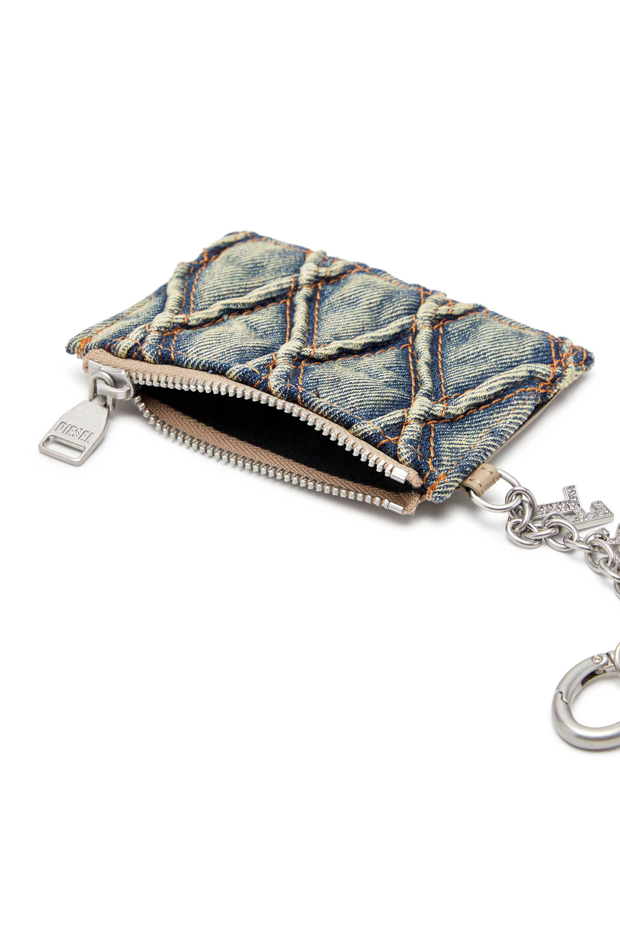 Diesel - CARD HOLDER WITH CHAIN, Female's Card holder in argyle quilted denim in ブルー - 3