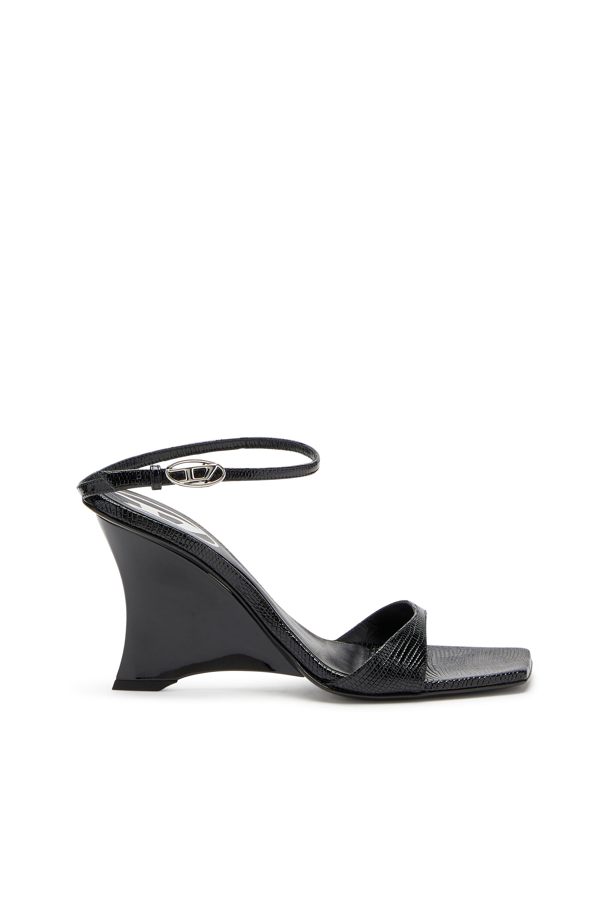 Diesel - D-AMBER SANDAL WEDGE, Female's D-Amber-Wedge sandals in lizard-effect leather in ブラック - 1
