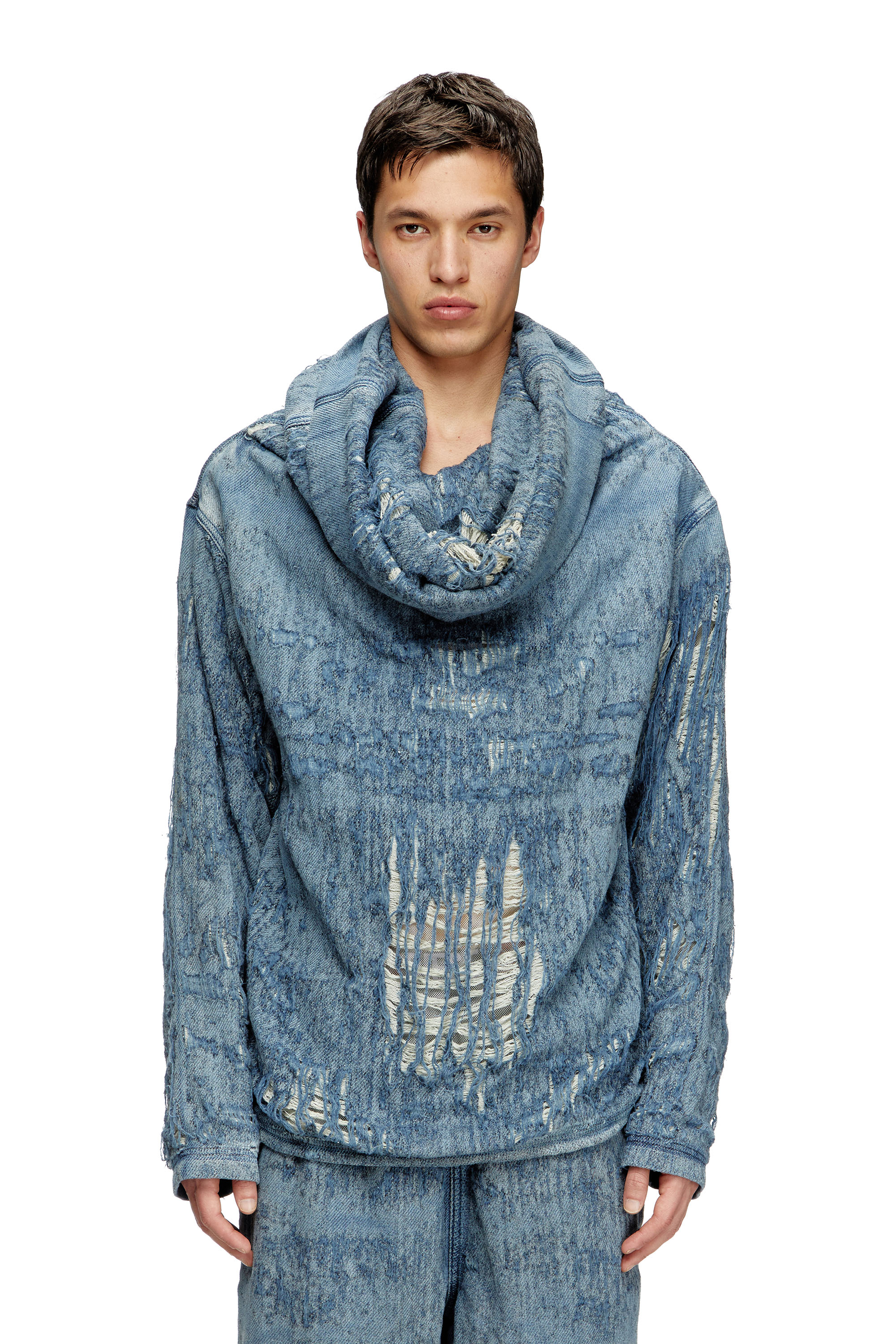 Diesel - D-UMBRIX-FSG, Male's Sweater in ultra-destroyed jacquard denim in ミディアムブルー - 1