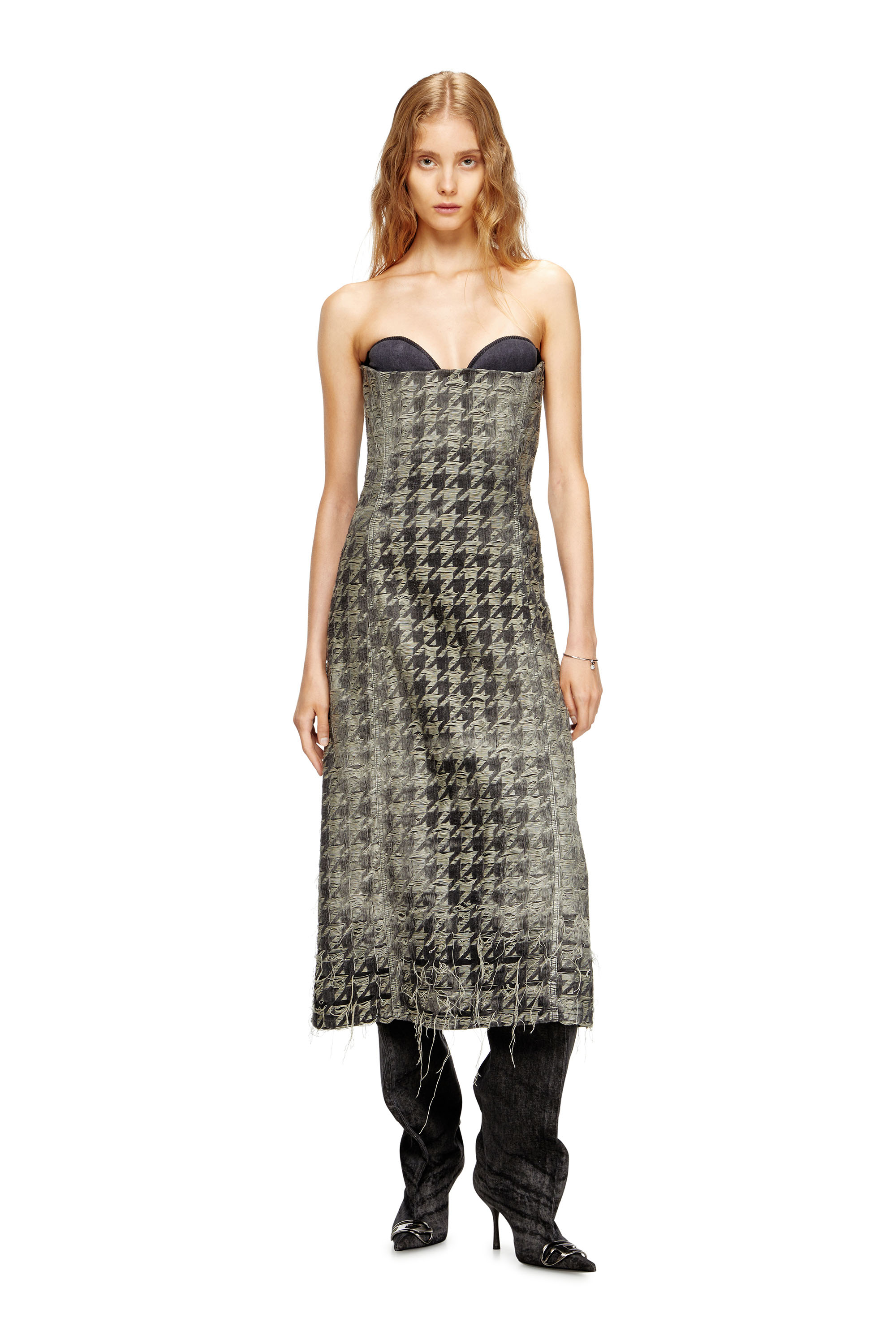 Diesel - DE-OLIVIA-FSH, Female's Midi dress in houndstooth-weave denim in ブラック/ホワイト - 1