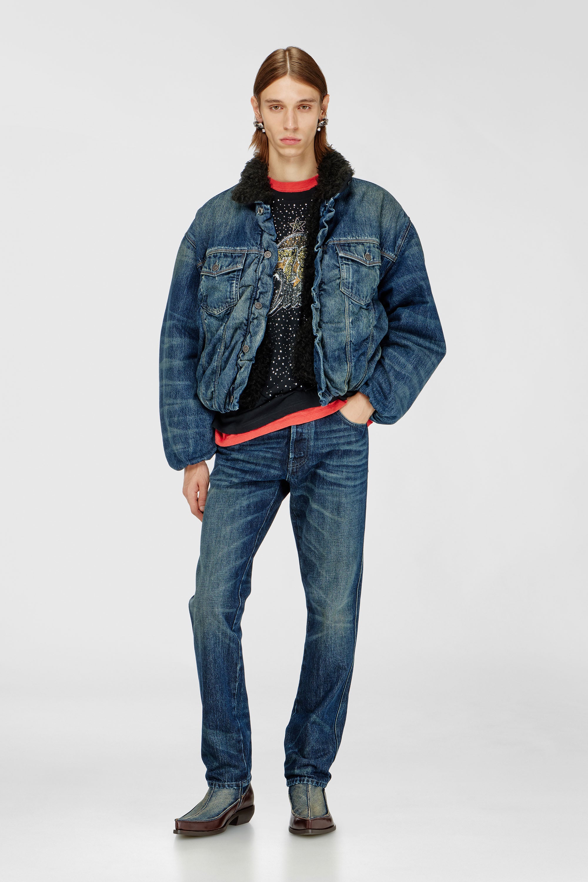 Diesel - D-CURLY-FSJ1, Unisex's Teddy-lined trucker jacket in denim in ミディアムブルー - 2