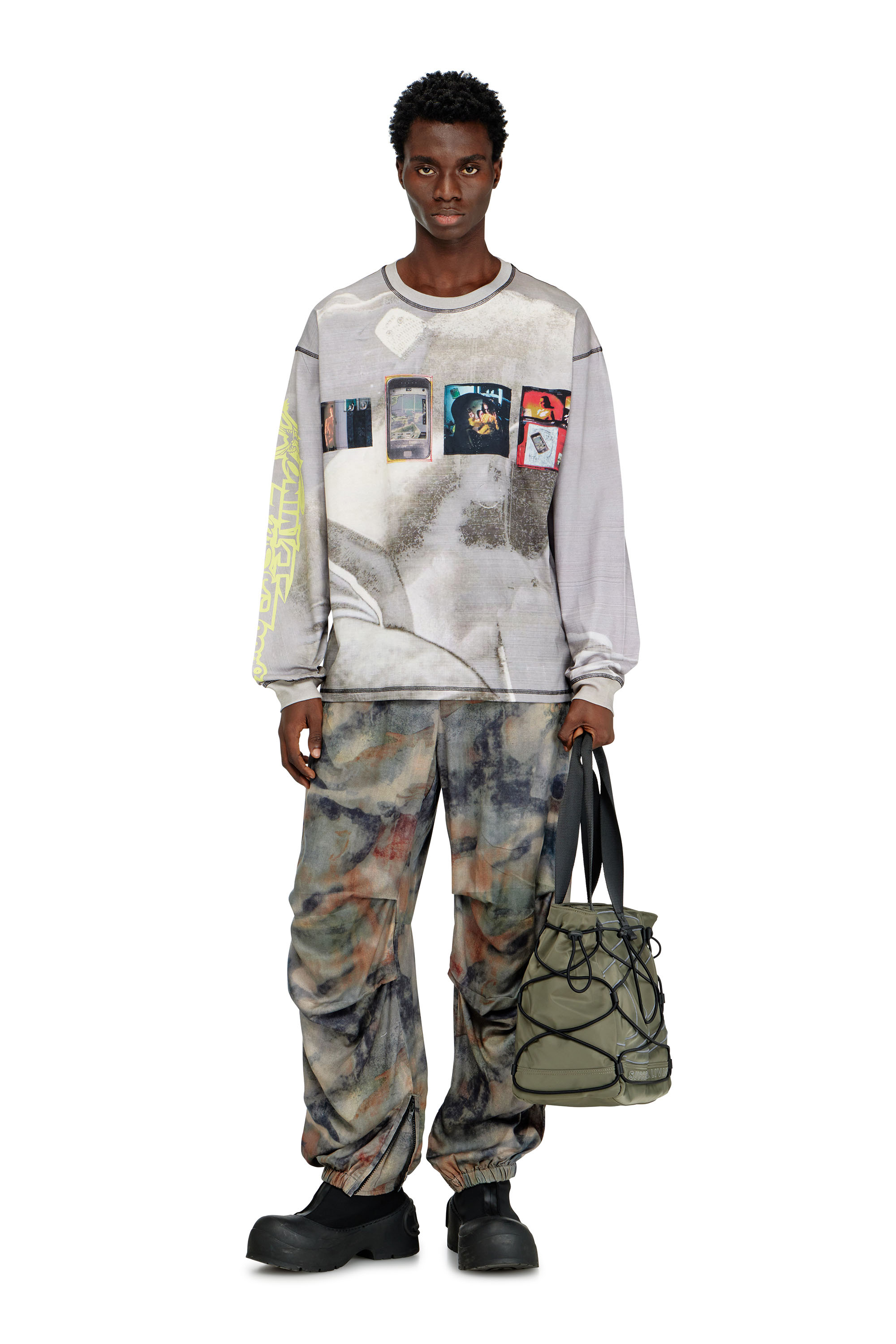 Diesel - T-BOXT-LS-V3, Male's Long-sleeve T-shirt with all-over print and patches in グレー - 2