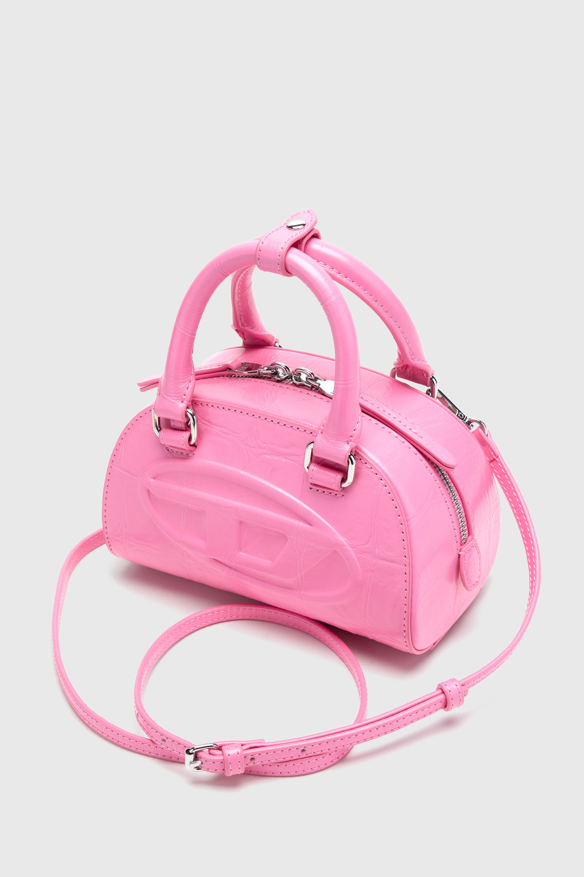 Diesel - 1DR DOME CROSSBODY, Female's 1DR Dome-Small bowling bag in croc-effect leather in ピンク / ホワイト - 5