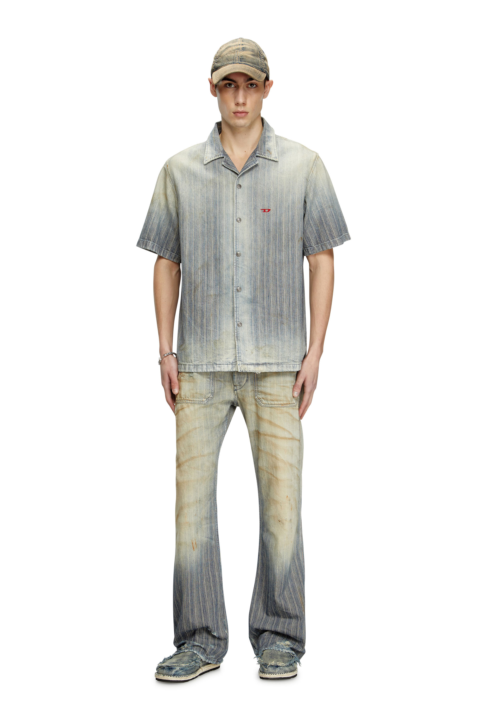 Diesel - D-NABIL-D, Male's Bowling shirt in striped indigo denim in ミディアムブルー - 1