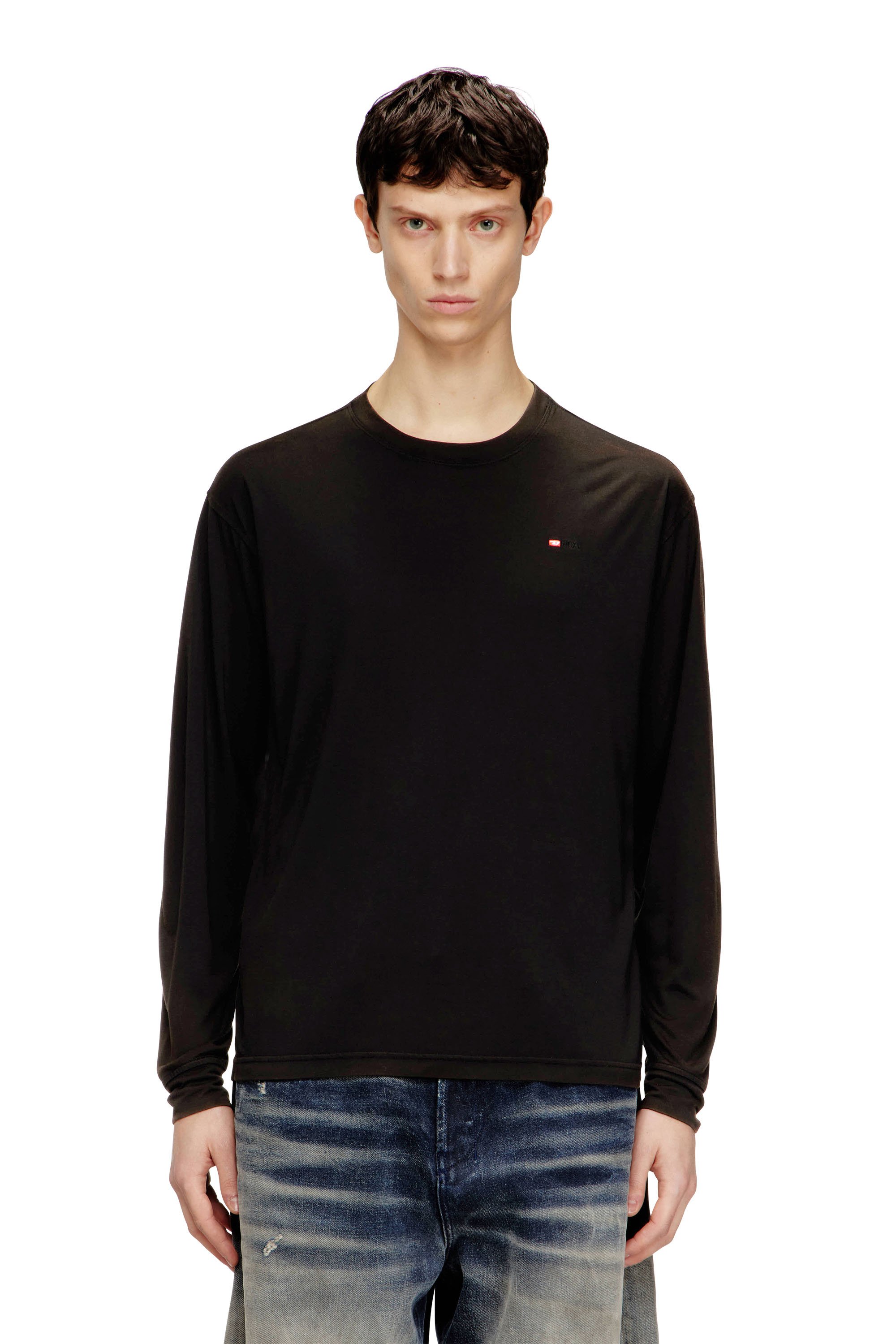 Diesel - T-NORMS-LS, Male's Fluid long sleeve T-shirt with micro embroidery in ブラック - 1