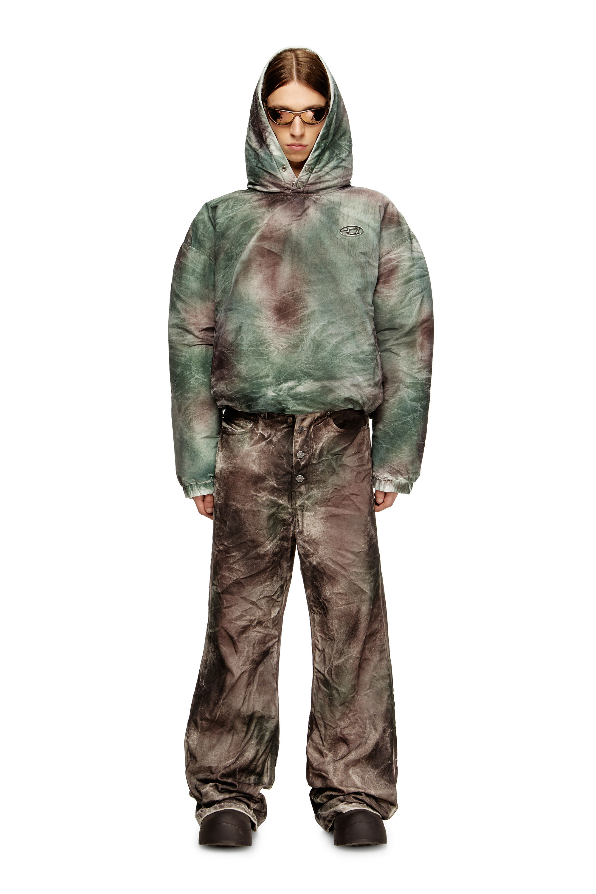 Diesel - W-THUG-JKT-PUFFY, Unisex's Puffy hooded jacket in camo nylon in ブラウン/グリーン - 1