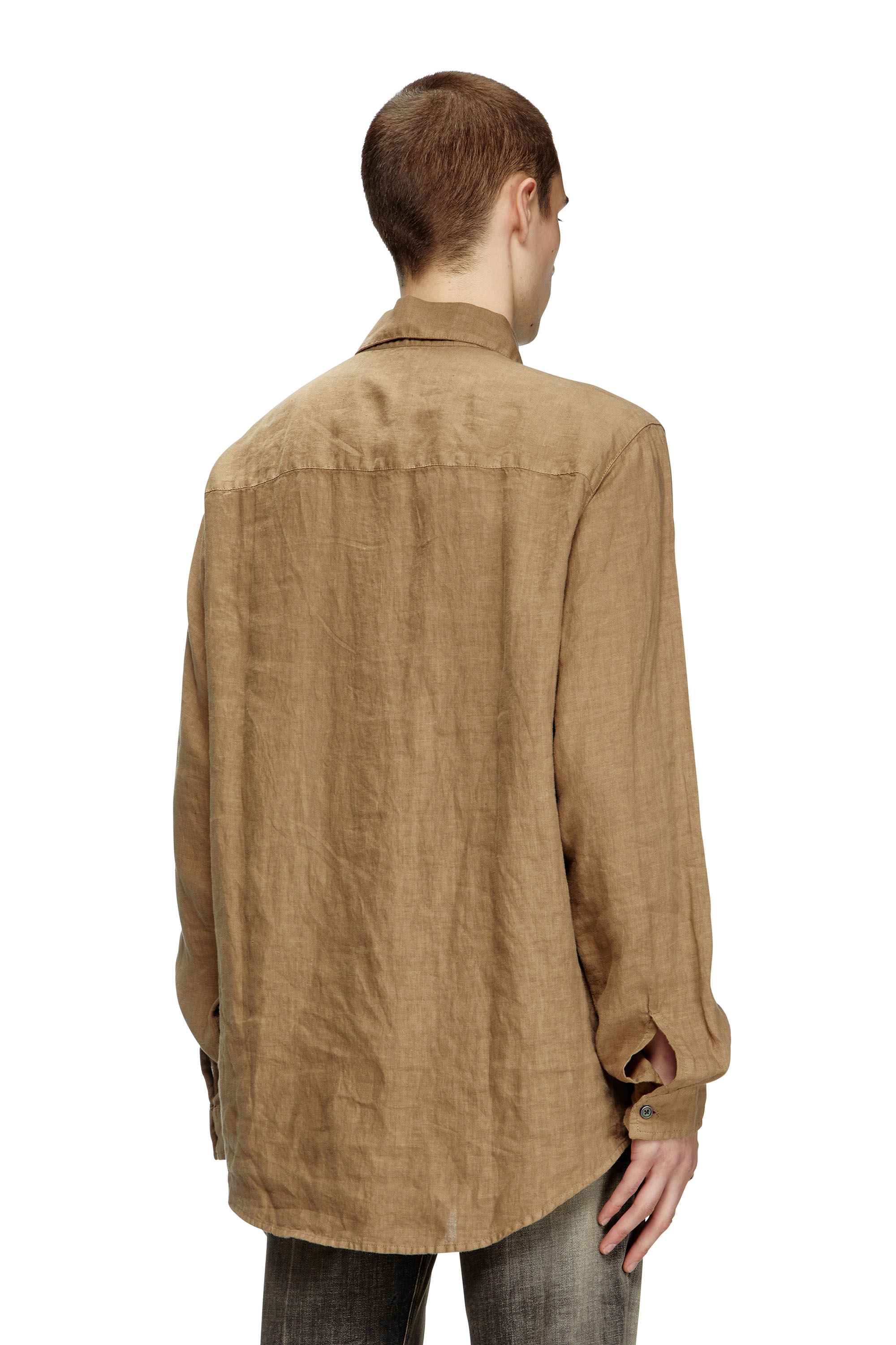 Diesel - S-WERP, Male's Linen shirt with logo collar in ブラウン - 4