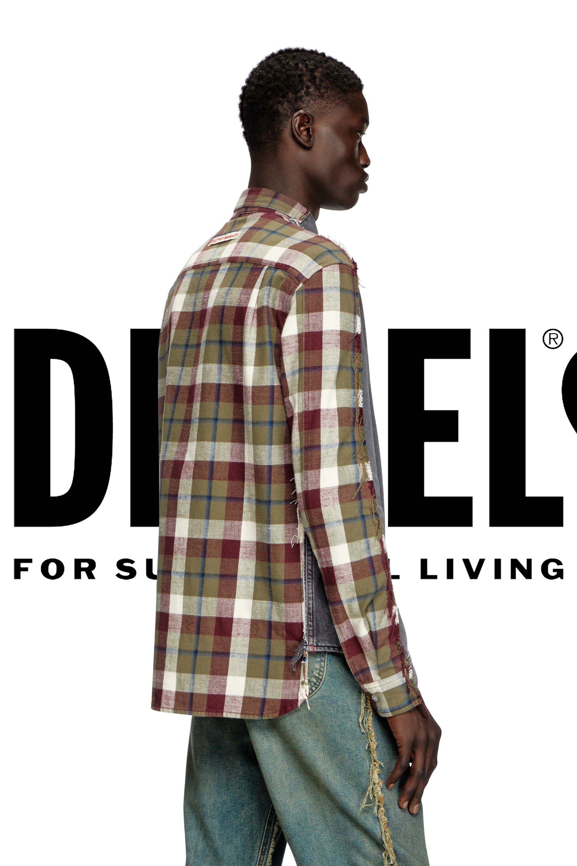 Diesel - Shirt Dieseloves 7A, Unisex's Denim and check shirt in グレー/レッド - 4