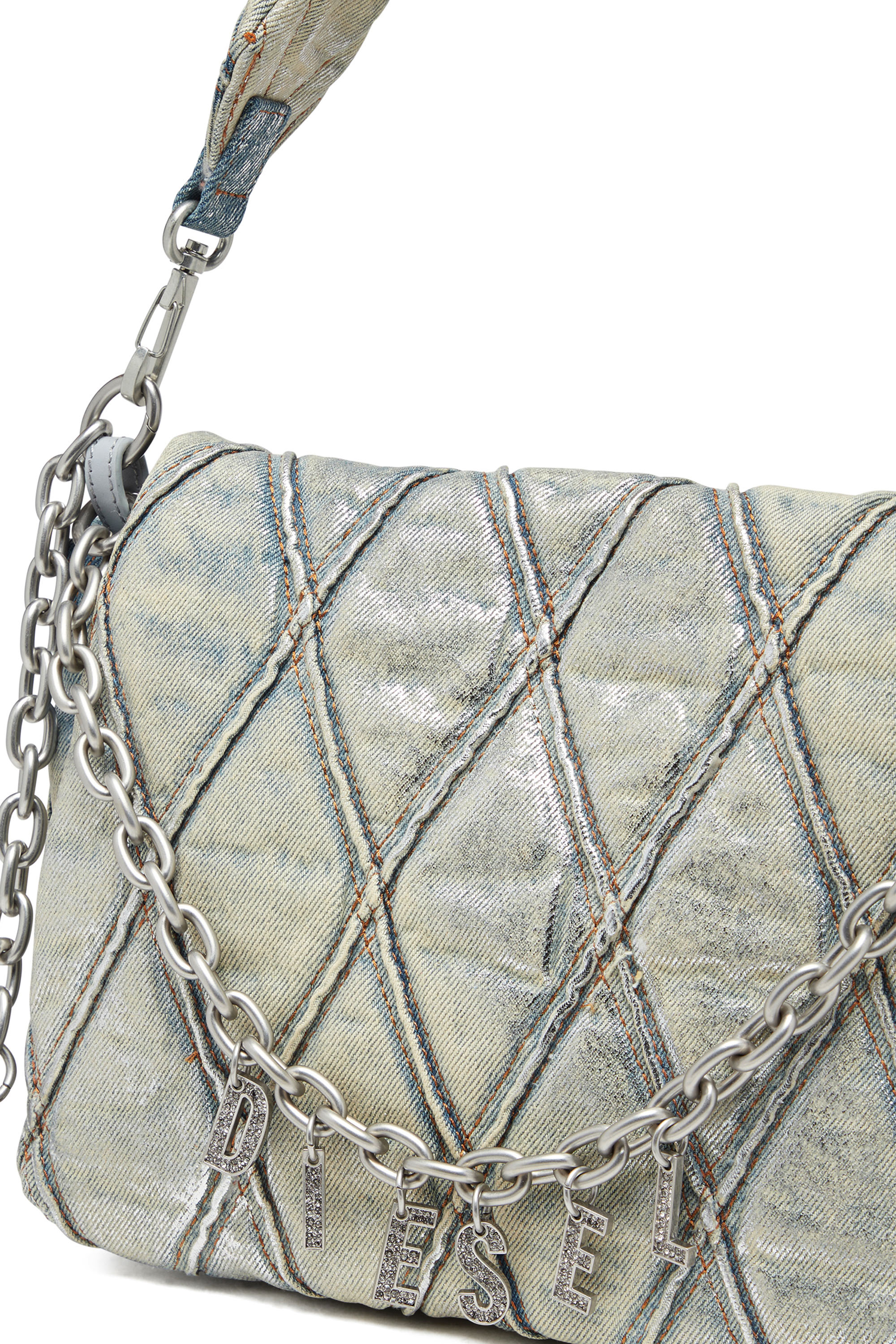 Diesel - CHARM-D SHOULDER M, Female's Charm-D M-Shoulder bag in metallic quilted denim in ライトブルー - 6