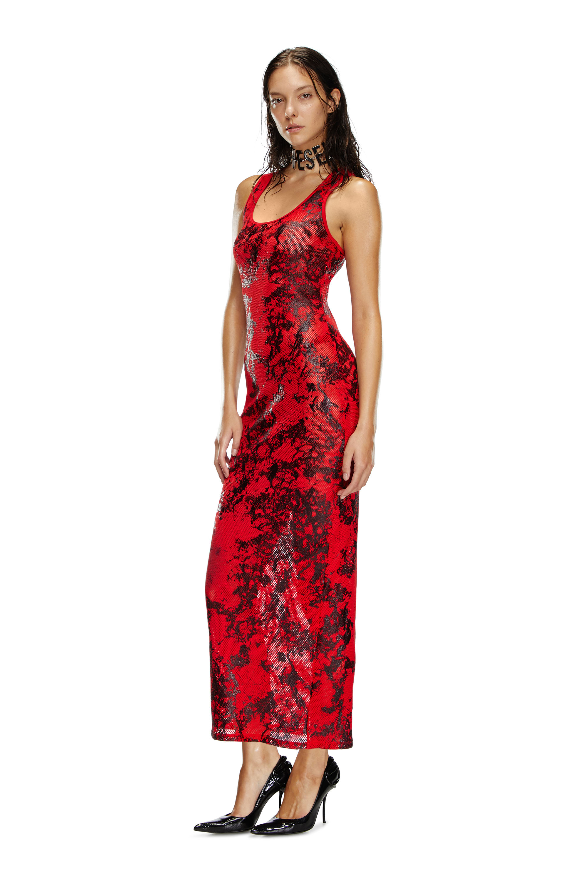 Diesel - FISHNET-SLEEP-SLIP, Female's Long slip in foiled fishnet in レッド/ブラック - 2