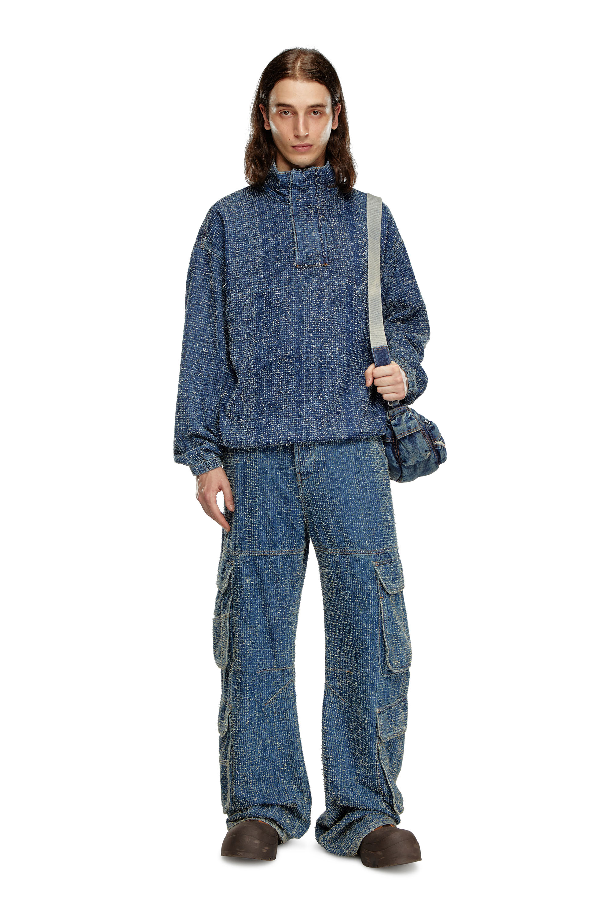 Diesel - D-FLOW-S, Unisex's Pullover jacket in bouclé denim in ダークブルー - 2
