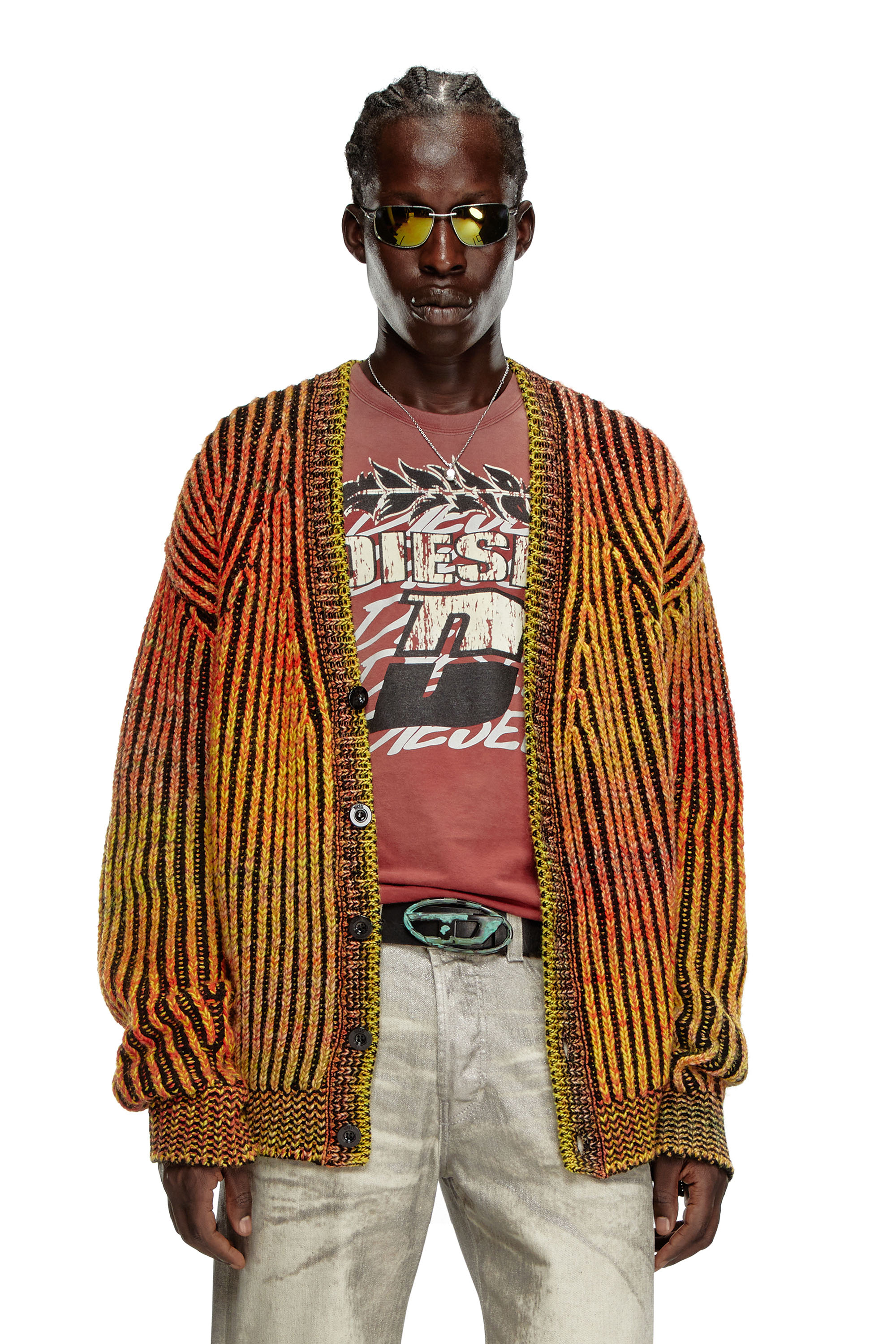 Diesel - K-OAKLAND-CR, Male's Striped ribbed cardigan in wool blend in オレンジ - 1