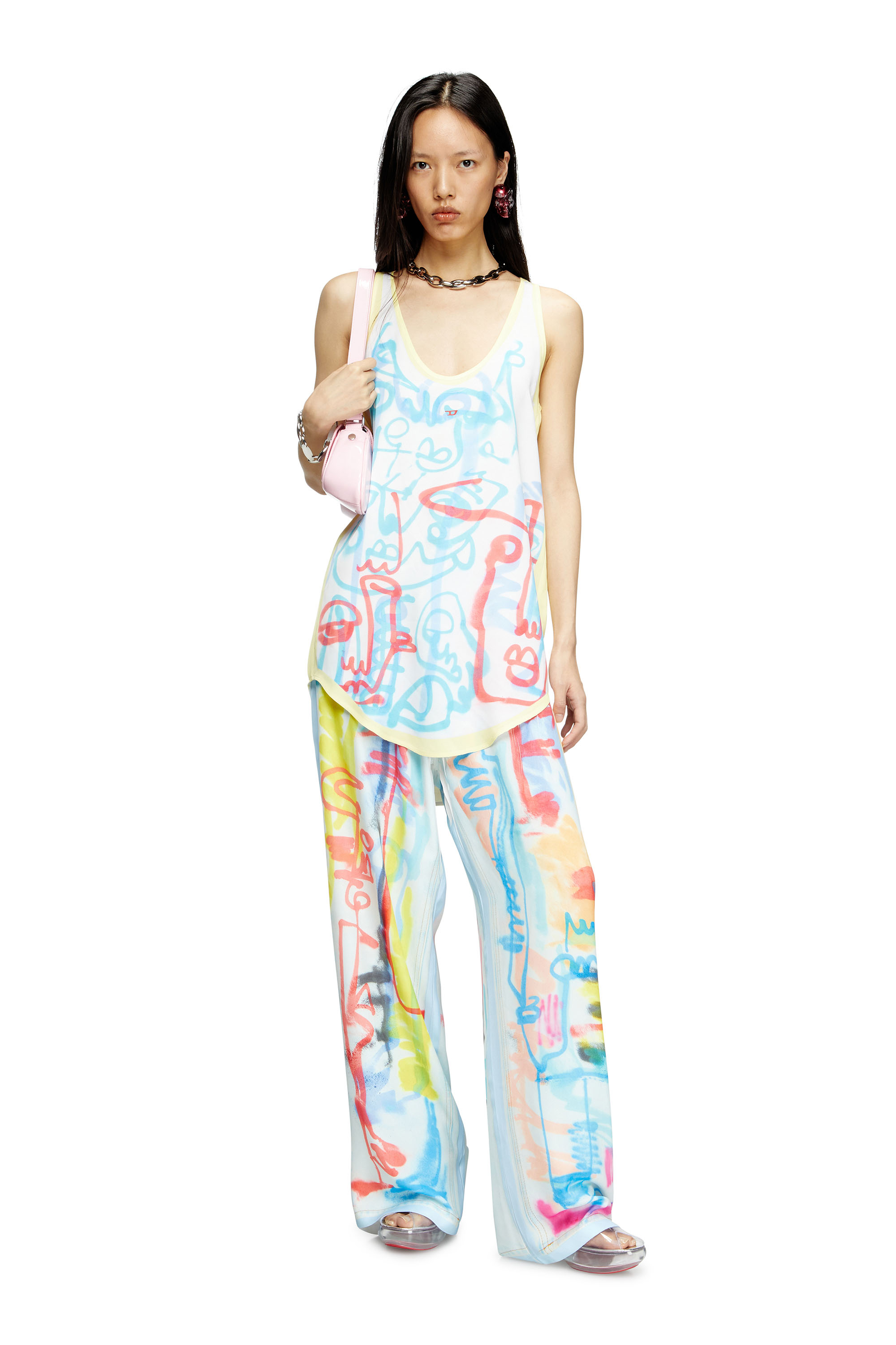 Diesel - D-LINZ-GRAFFITI-AFR, Female's Satin tank top with graffiti print in ホワイト/イエロー - 1