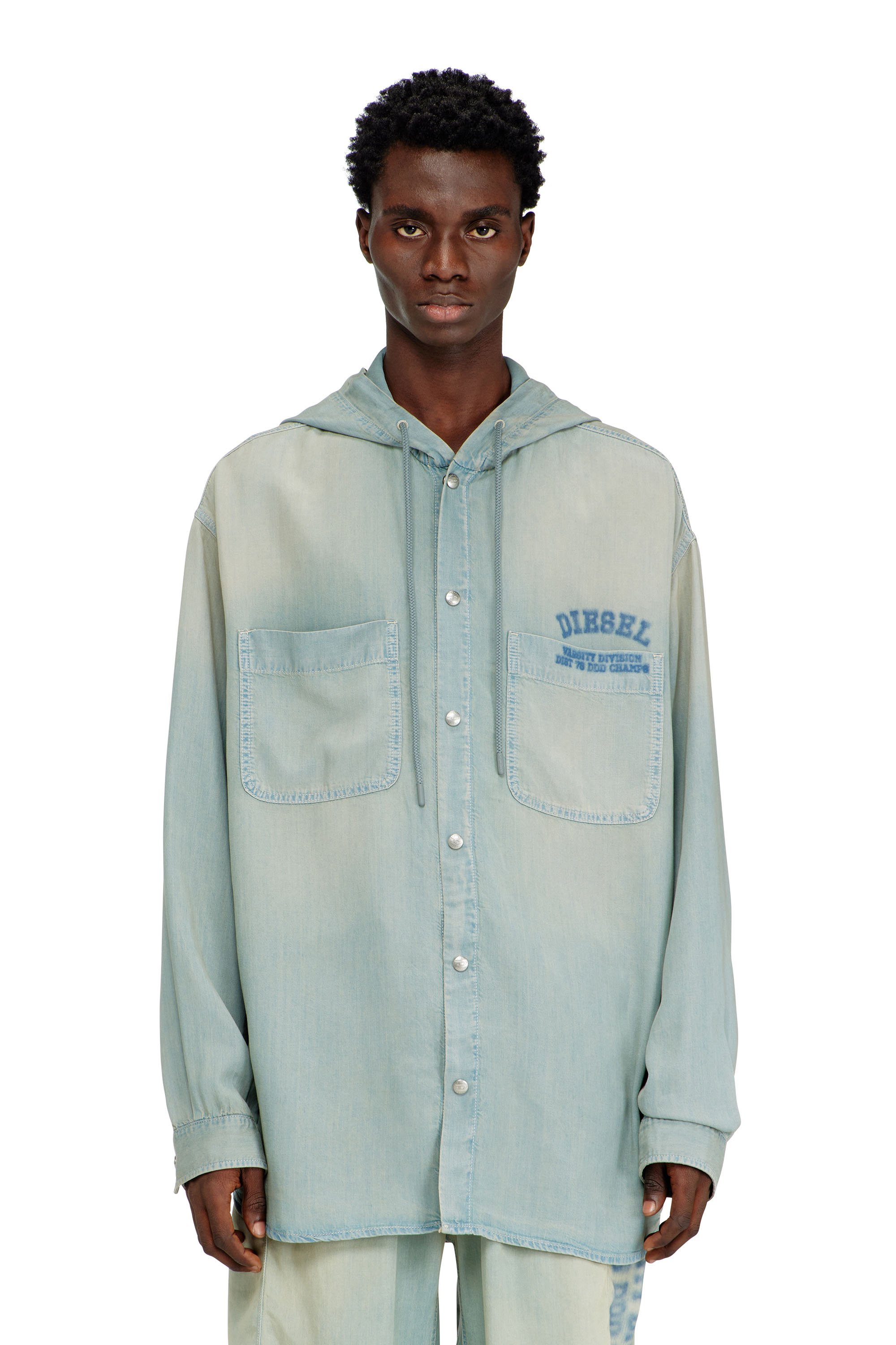 Diesel - D-DEWNY-HOOD-S3, Male's Overshirt in fluid dirt-effect denim in ライトブルー - 1