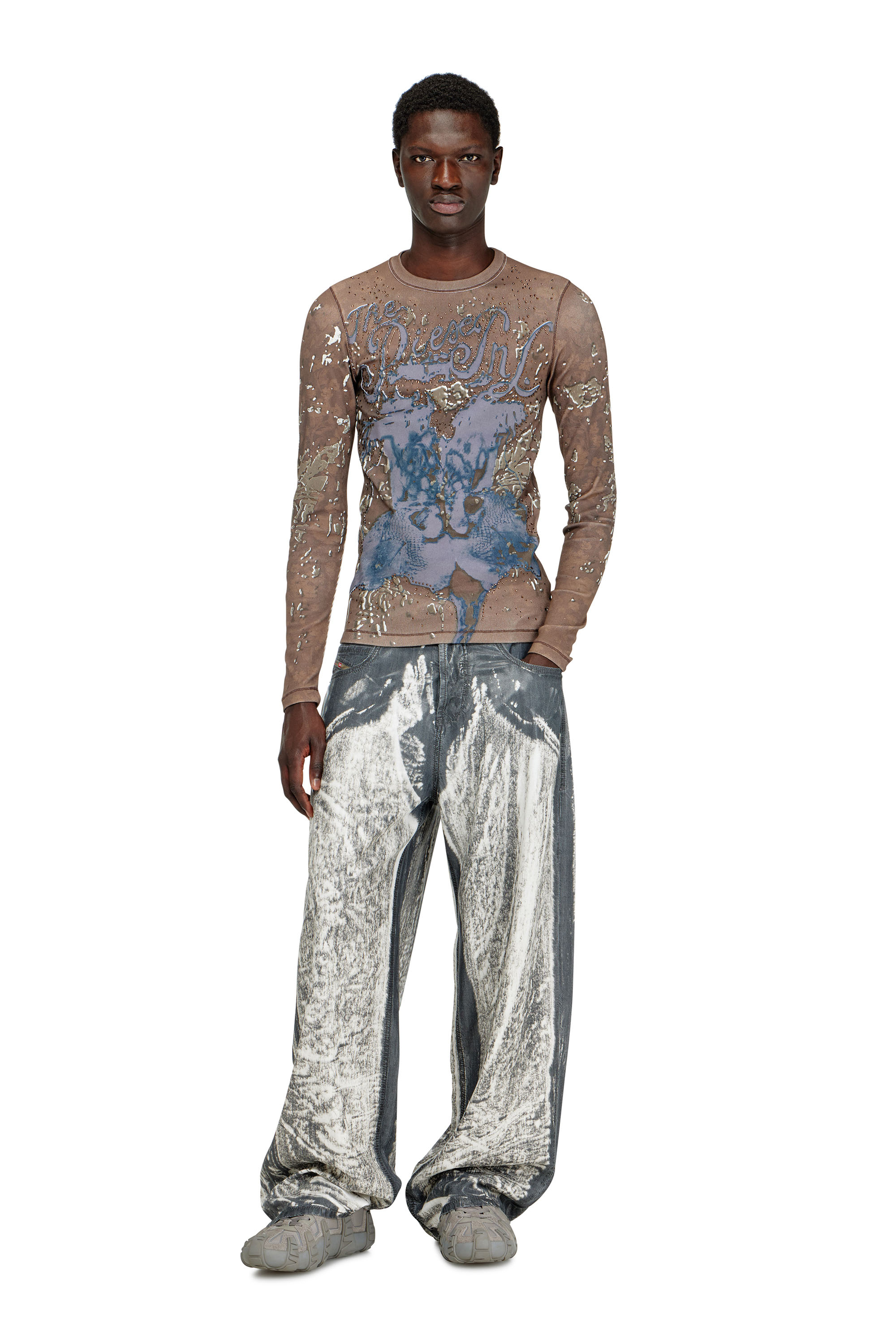 Diesel - T-TADEO, Male's Printed rib-jersey top with crystals in ブラウン - 2