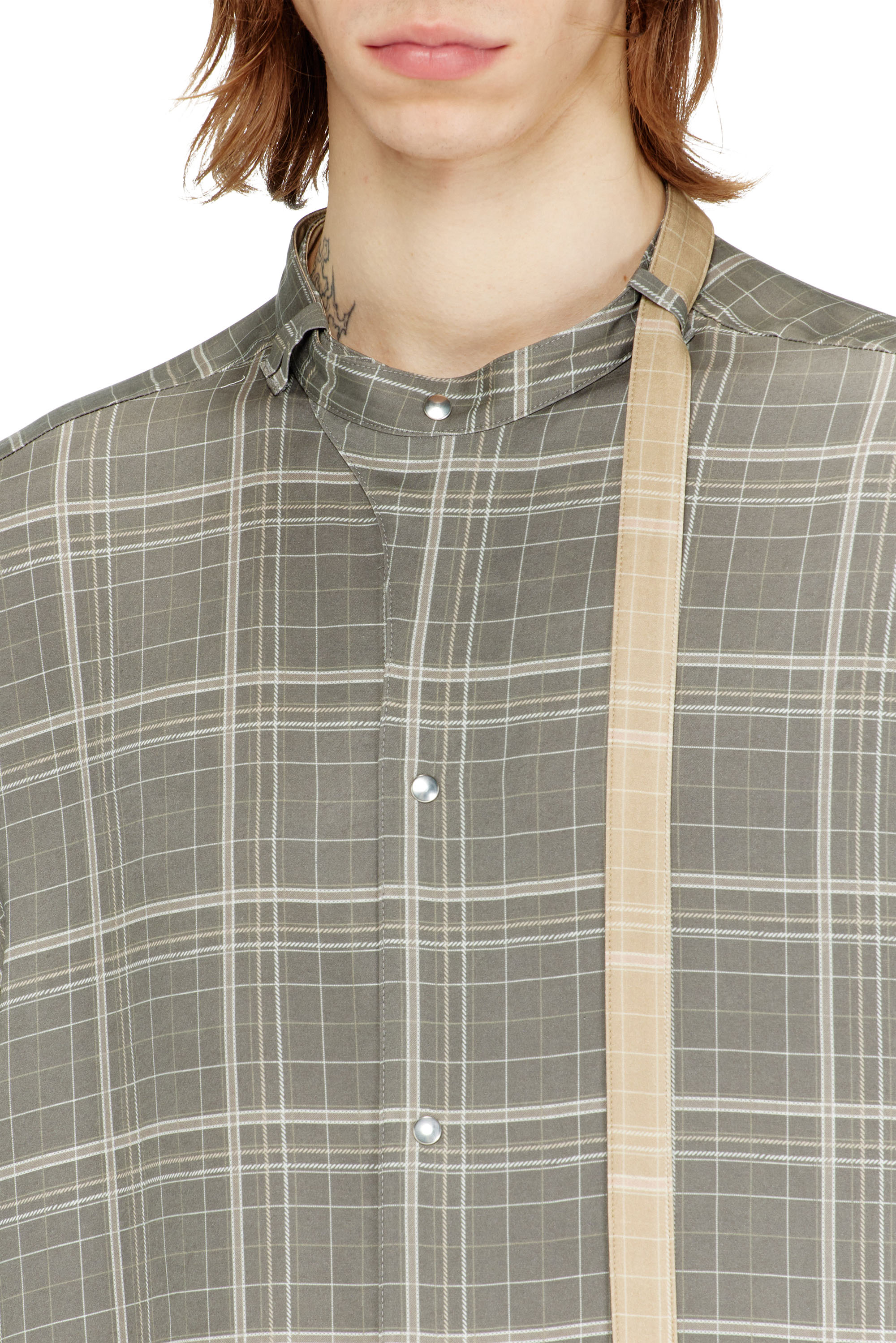Diesel - S-WROB, Male's Check-satin shirt with biker details in グレー - 4