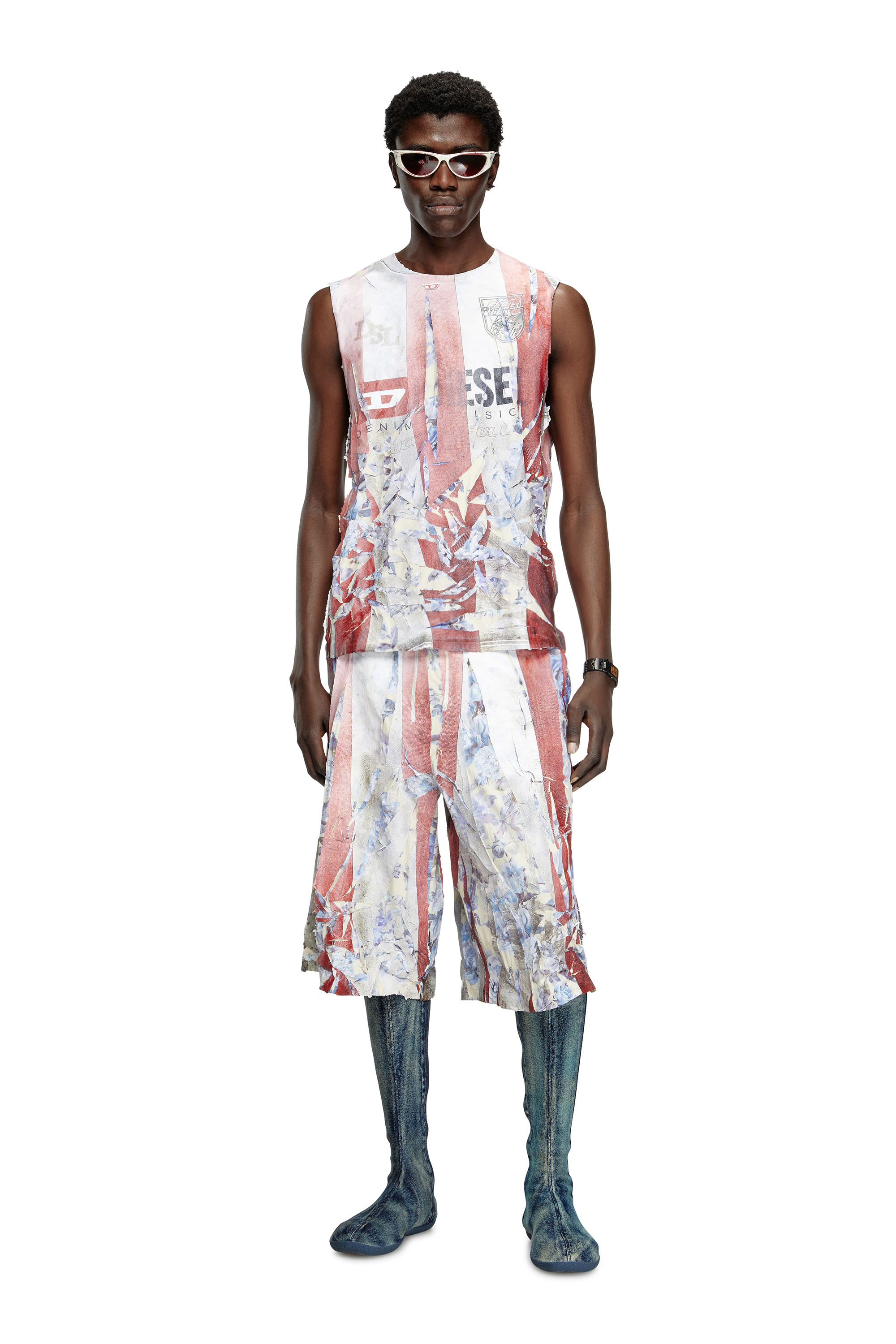 Diesel - T-PER-STRIPE, Unisex's Floral tank top with cracked logo print in レッド/ホワイト - 1