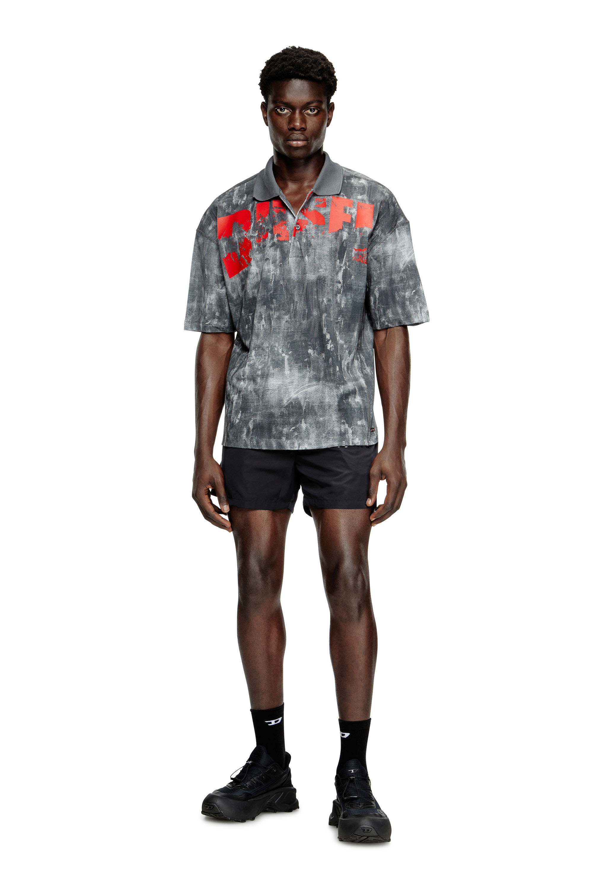 Diesel - TIMOTHEE-D-POP, Male's Beach polo shirt in printed mesh in ブラック/レッド - 3