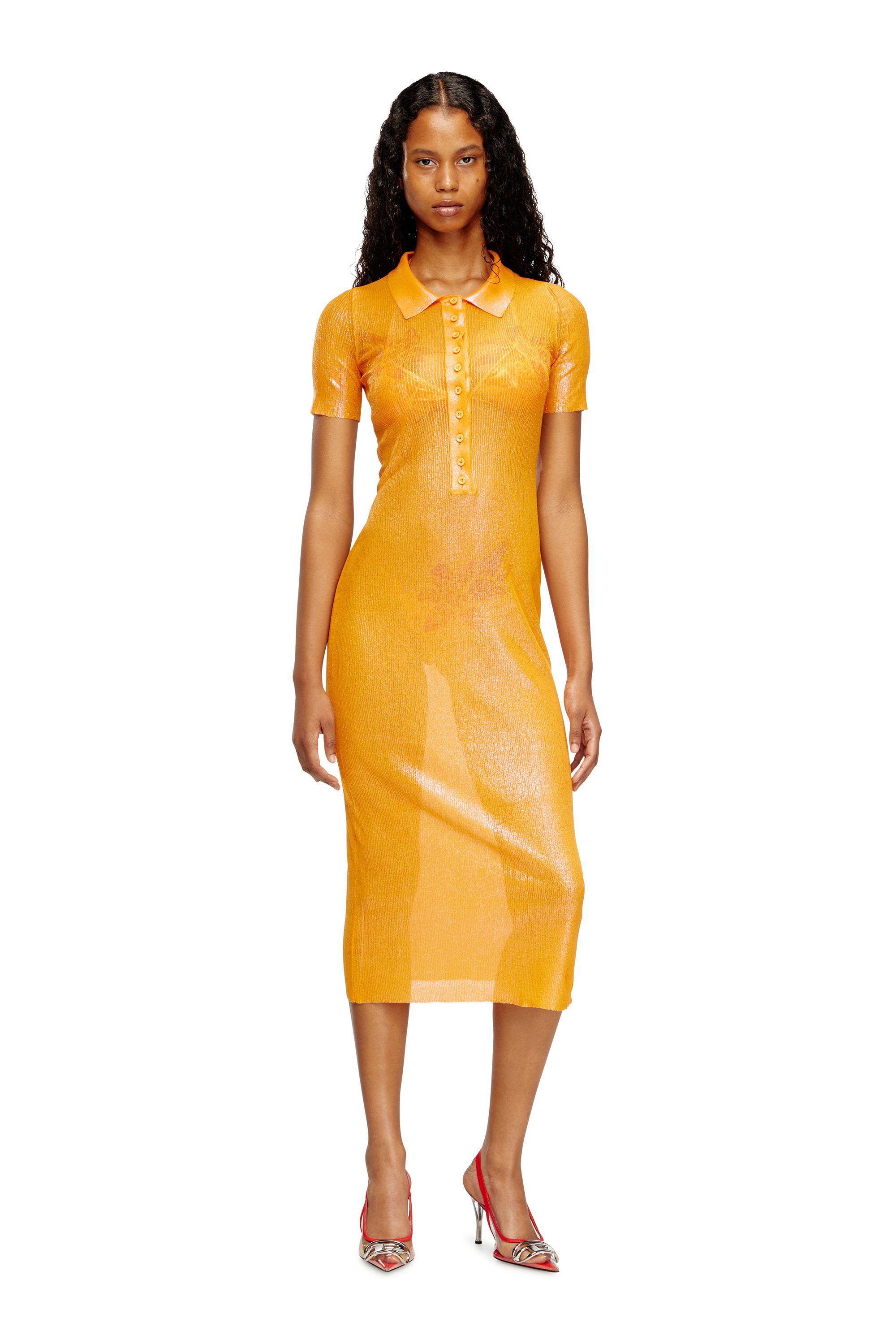 Diesel - M-ORANGE-KG, Female's Iridescent knit polo dress with lotus print in オレンジ - 2