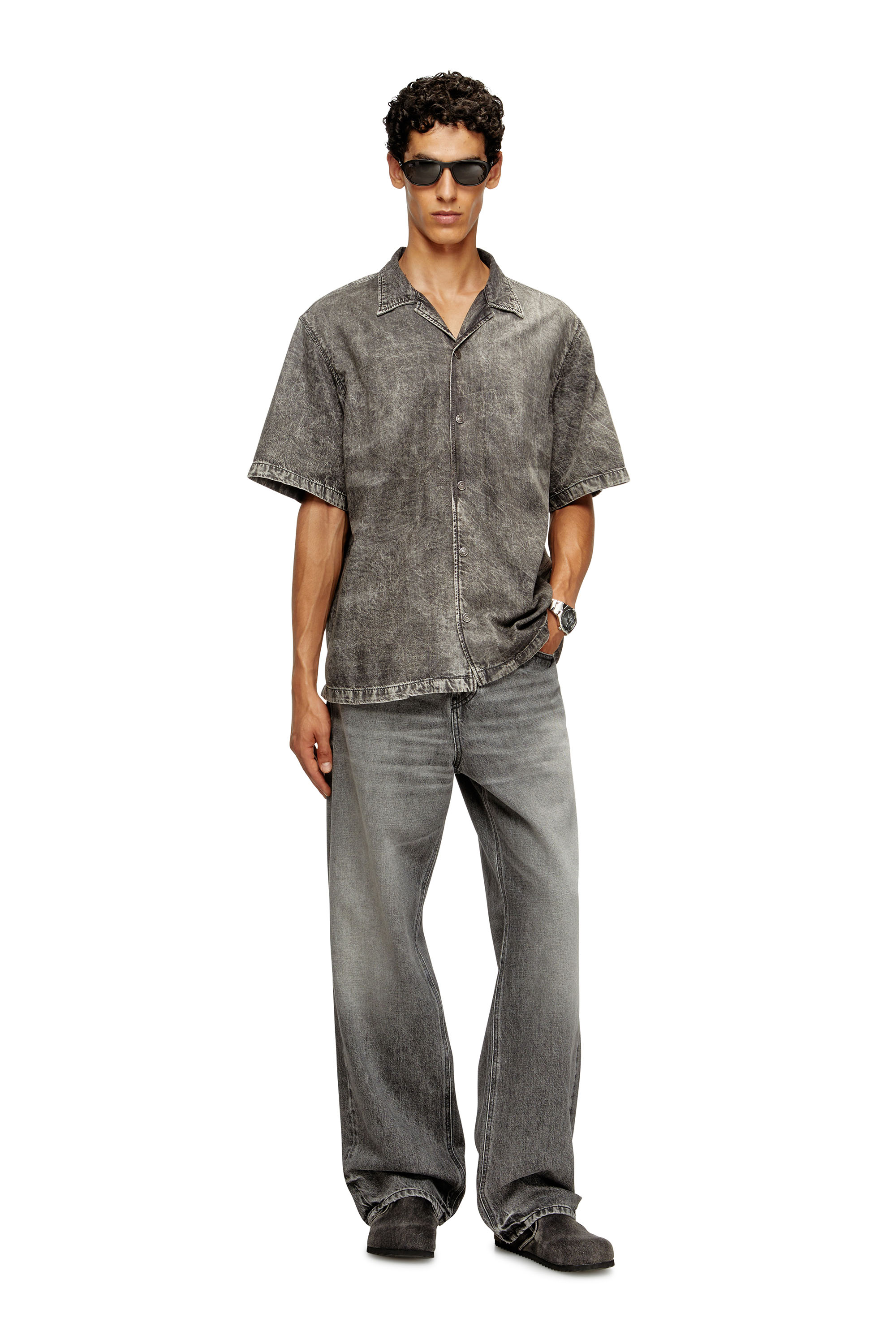 Diesel - D-NABIL-S5, Male's Bowling shirt in marbled denim in ブラック - 2