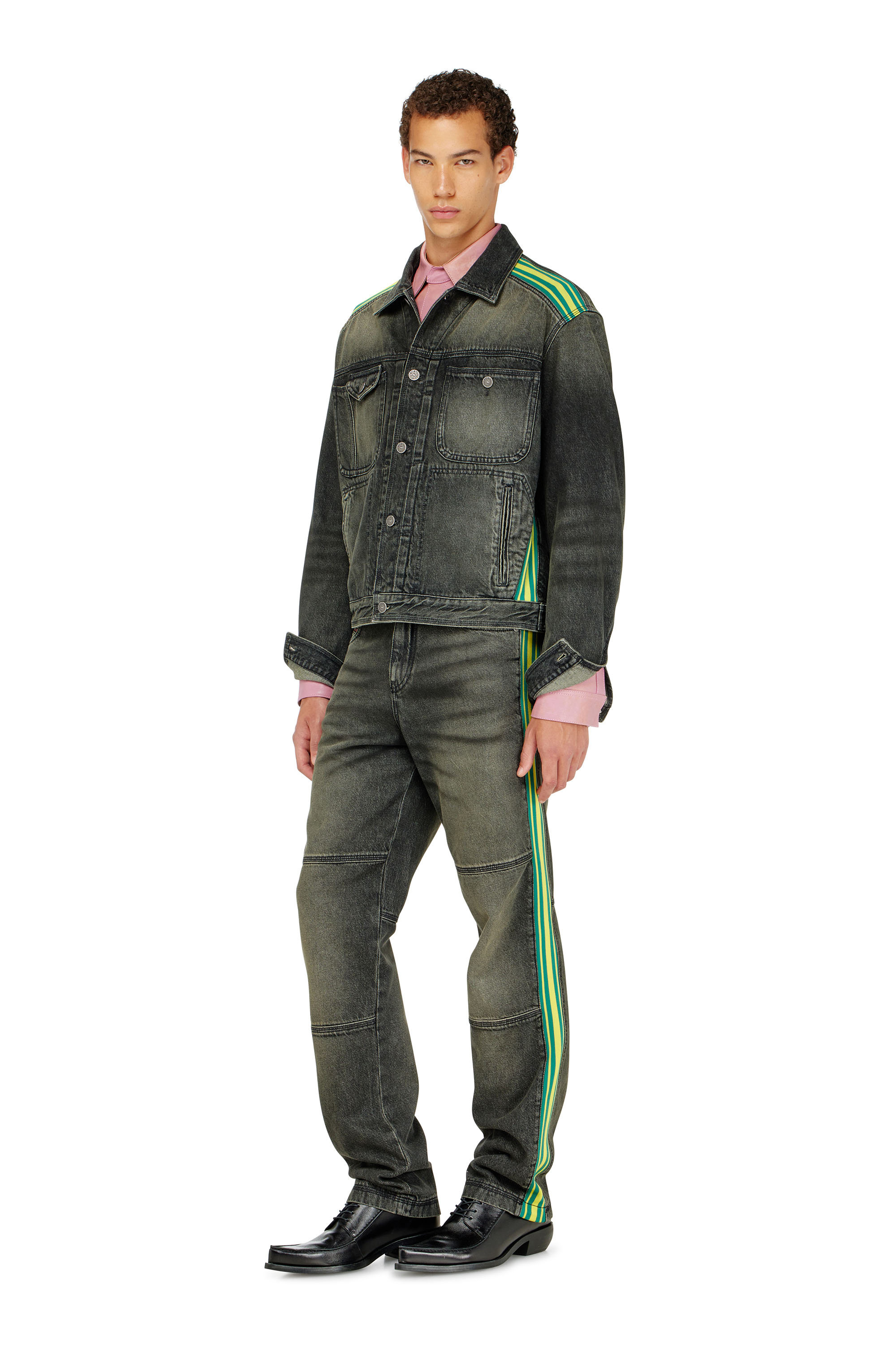 Diesel - D-BAS-FSJ1, Male's Trucker jacket with striped shoulder bands in ブラック/ダークグレー - 1