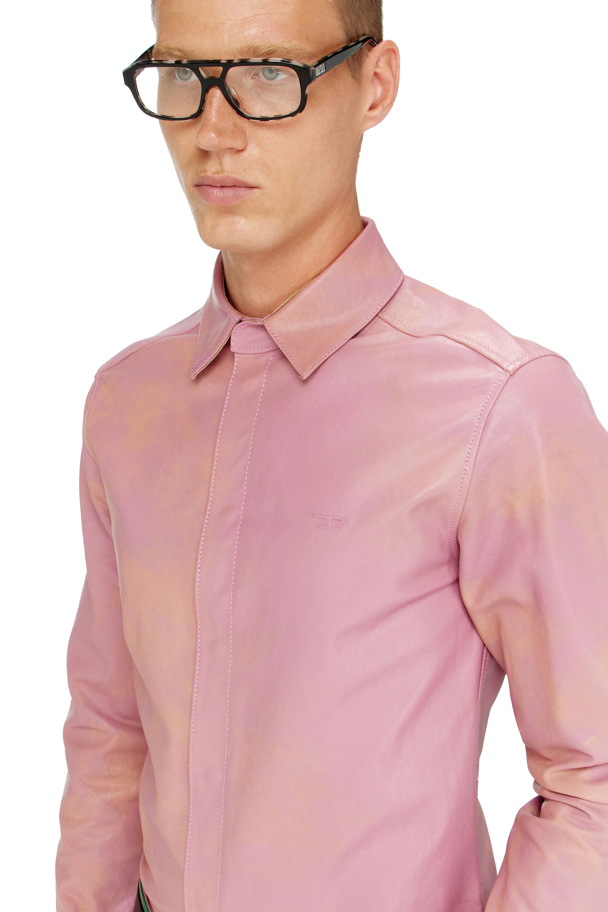 Diesel - S-CIRT, Male's Shirt in treated leather in ピンク / ホワイト - 4