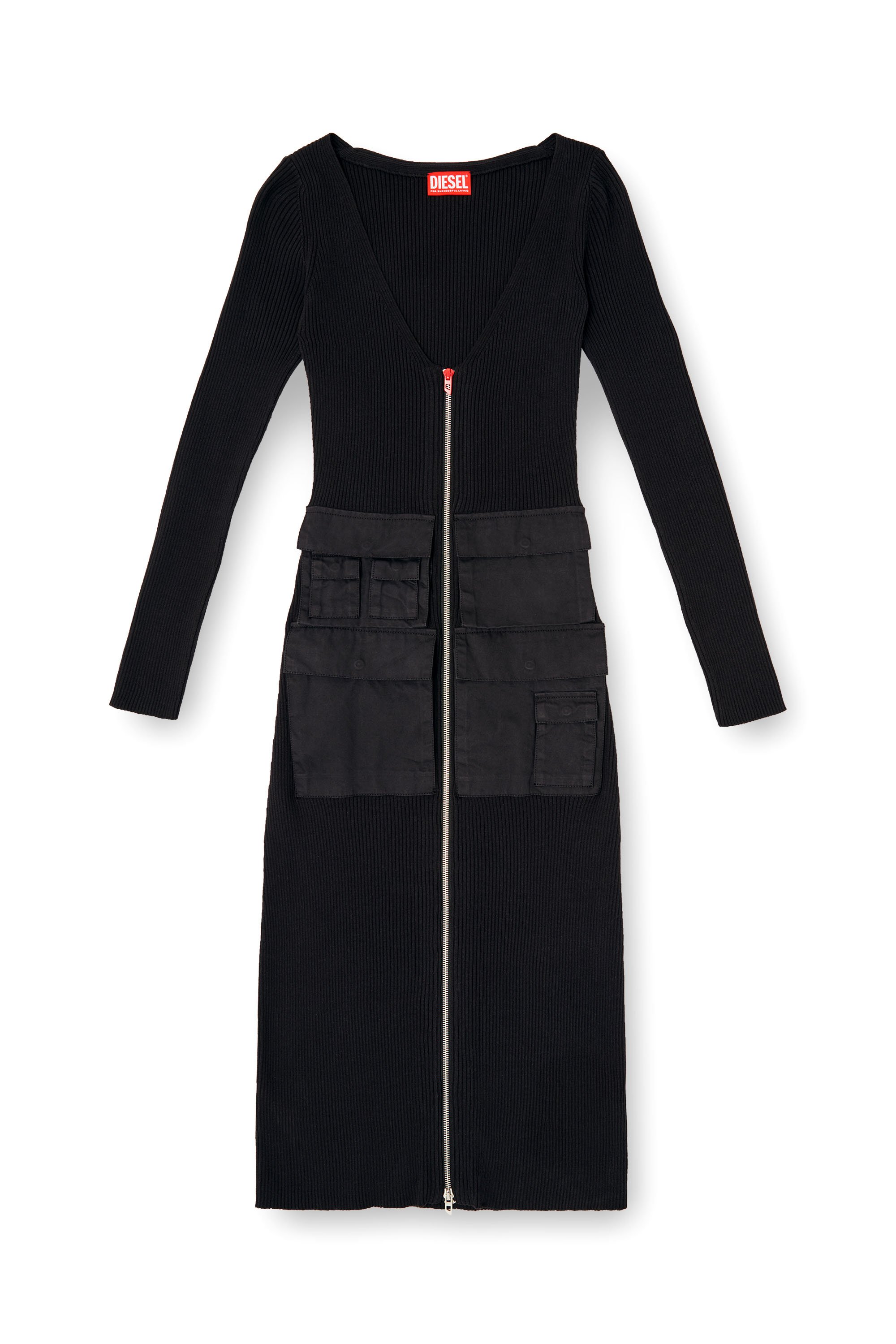 Diesel - M-MELTI-LS, Female's Ribbed midi dress with cargo pockets in ブラック - 3