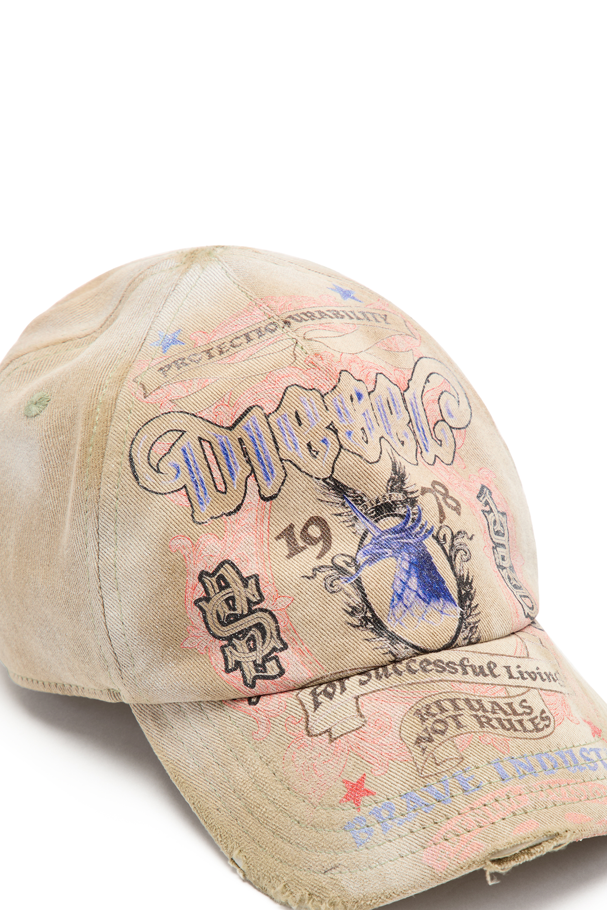 Diesel - C-RITUAL, Male's Distressed baseball cap with logo print in ベージュ - 3
