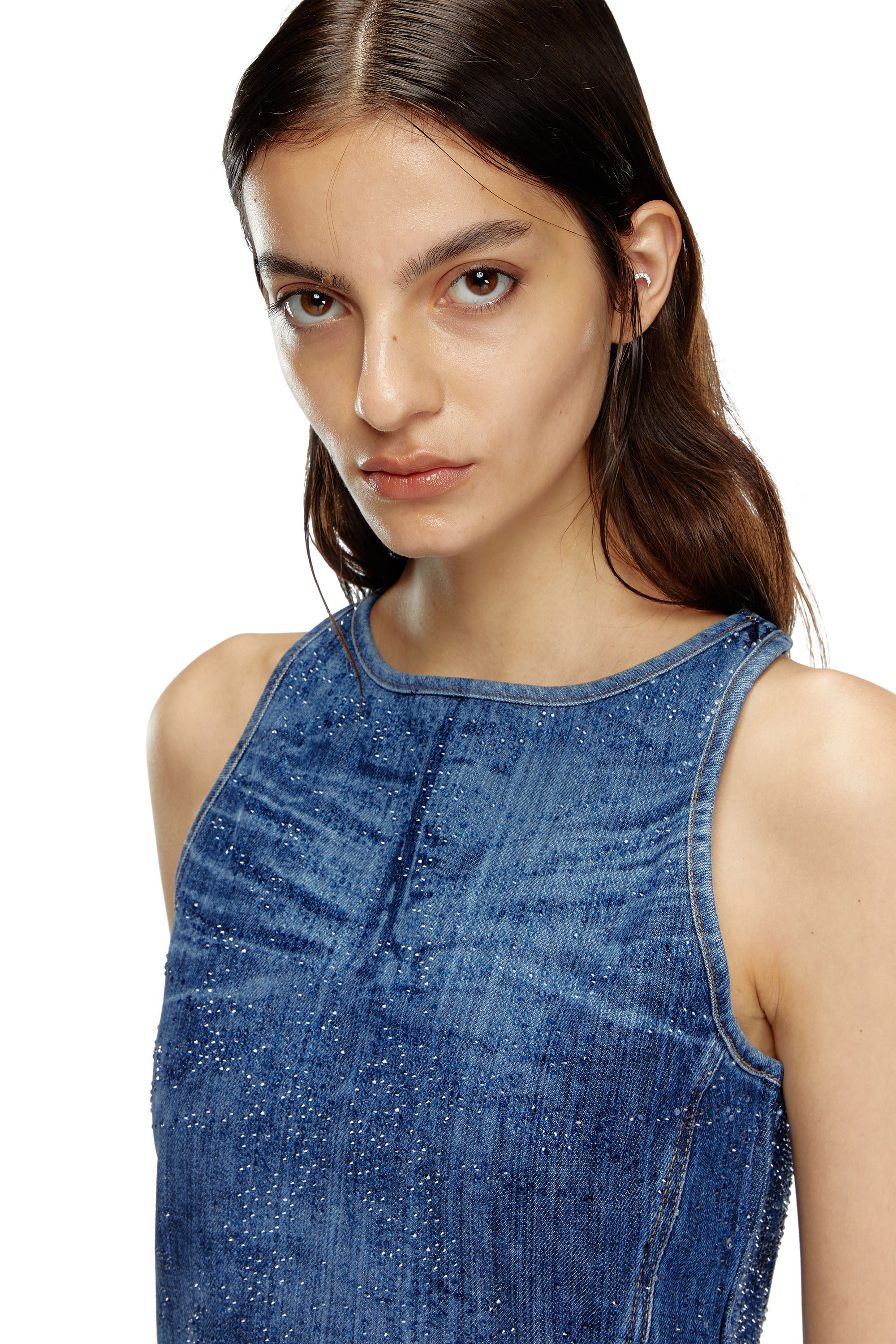 Diesel - DE-PLAQUE-S, Female's Racerback top in rhinestone denim in ミディアムブルー - 5