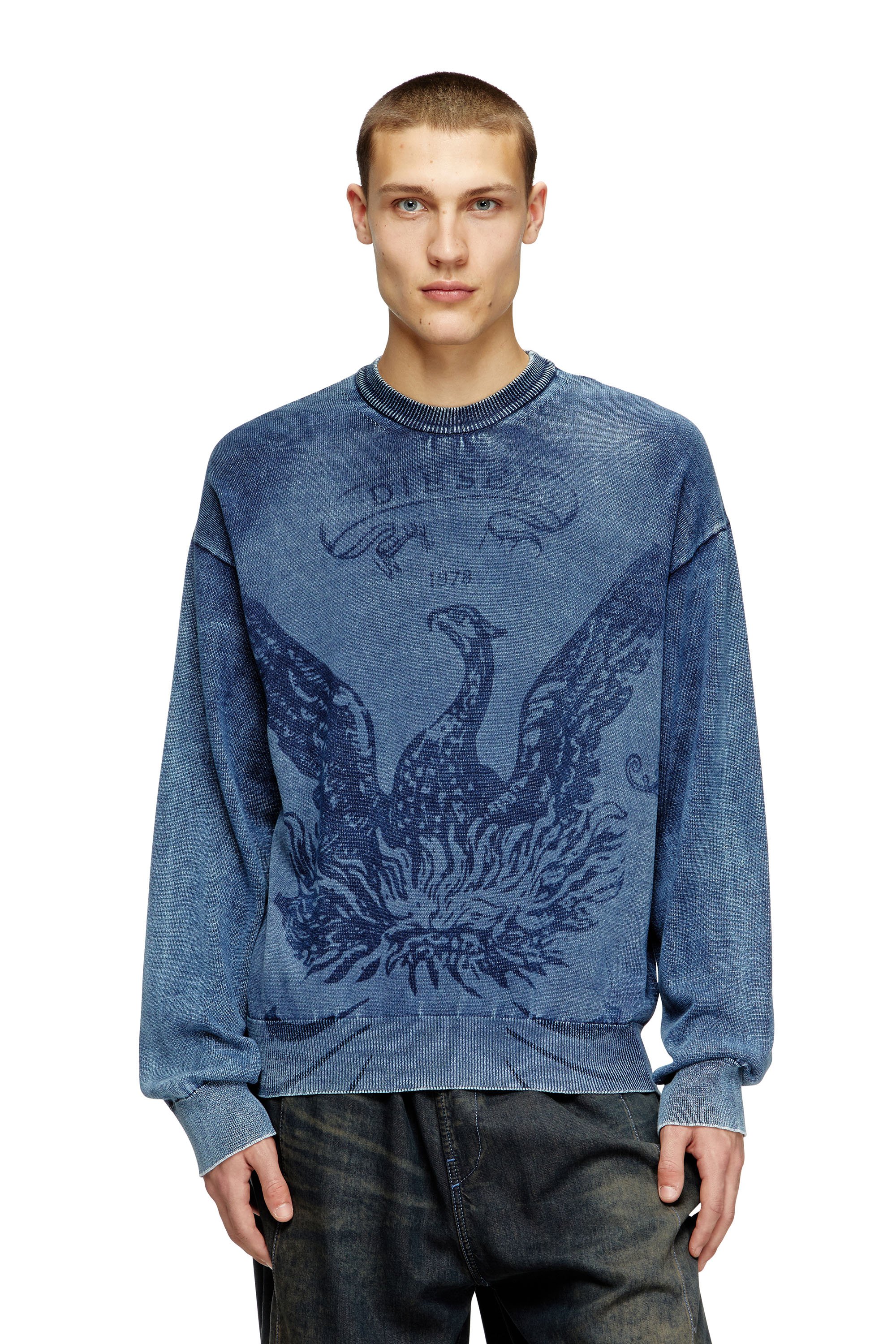 Diesel - K-FENICOL, Male's Indigo jumper with Phoenix logo in ブルー - 1