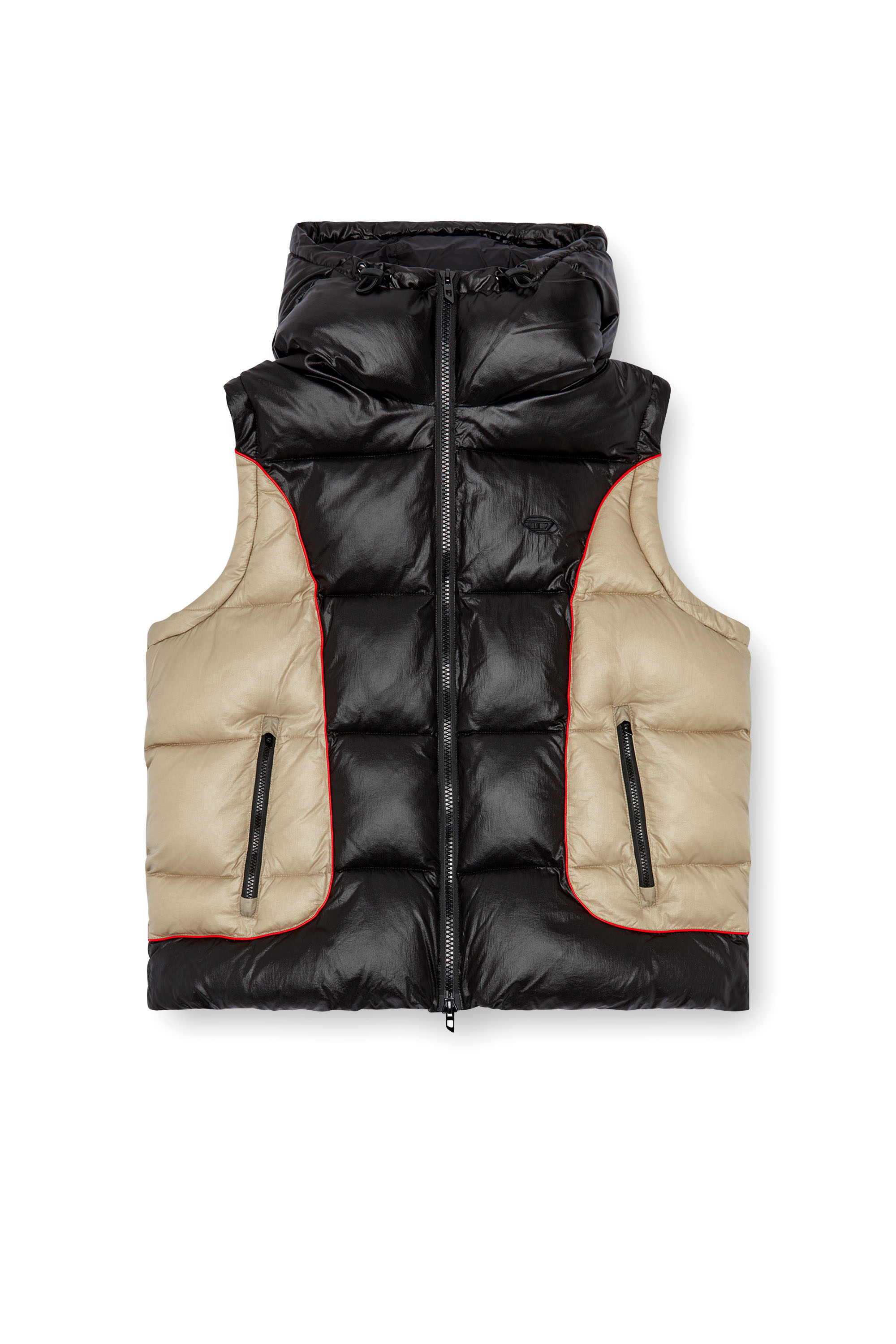 Diesel - W-OSTEND-SL, Male's Hooded puffer vest in shiny ripstop in ブラック/ベージュ - 2