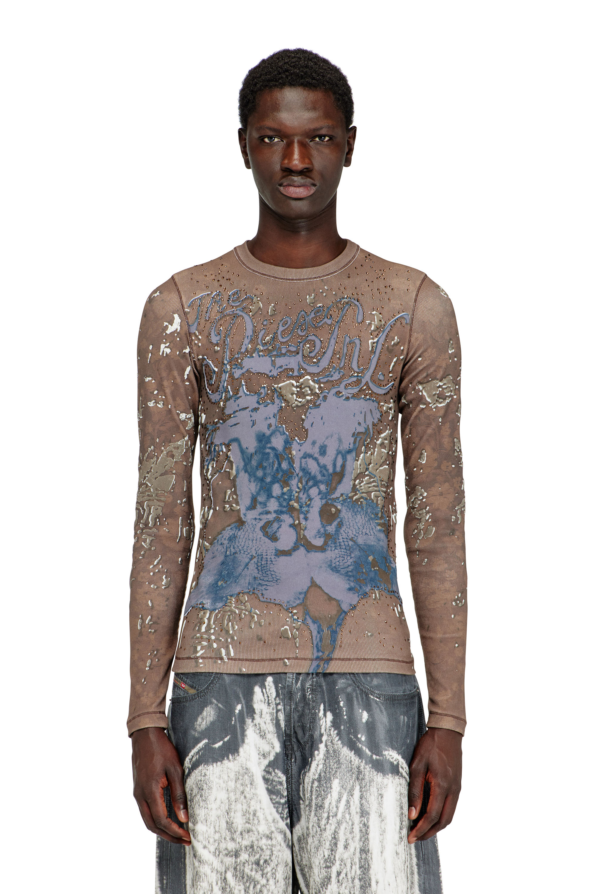 Diesel - T-TADEO, Male's Printed rib-jersey top with crystals in ブラウン - 3