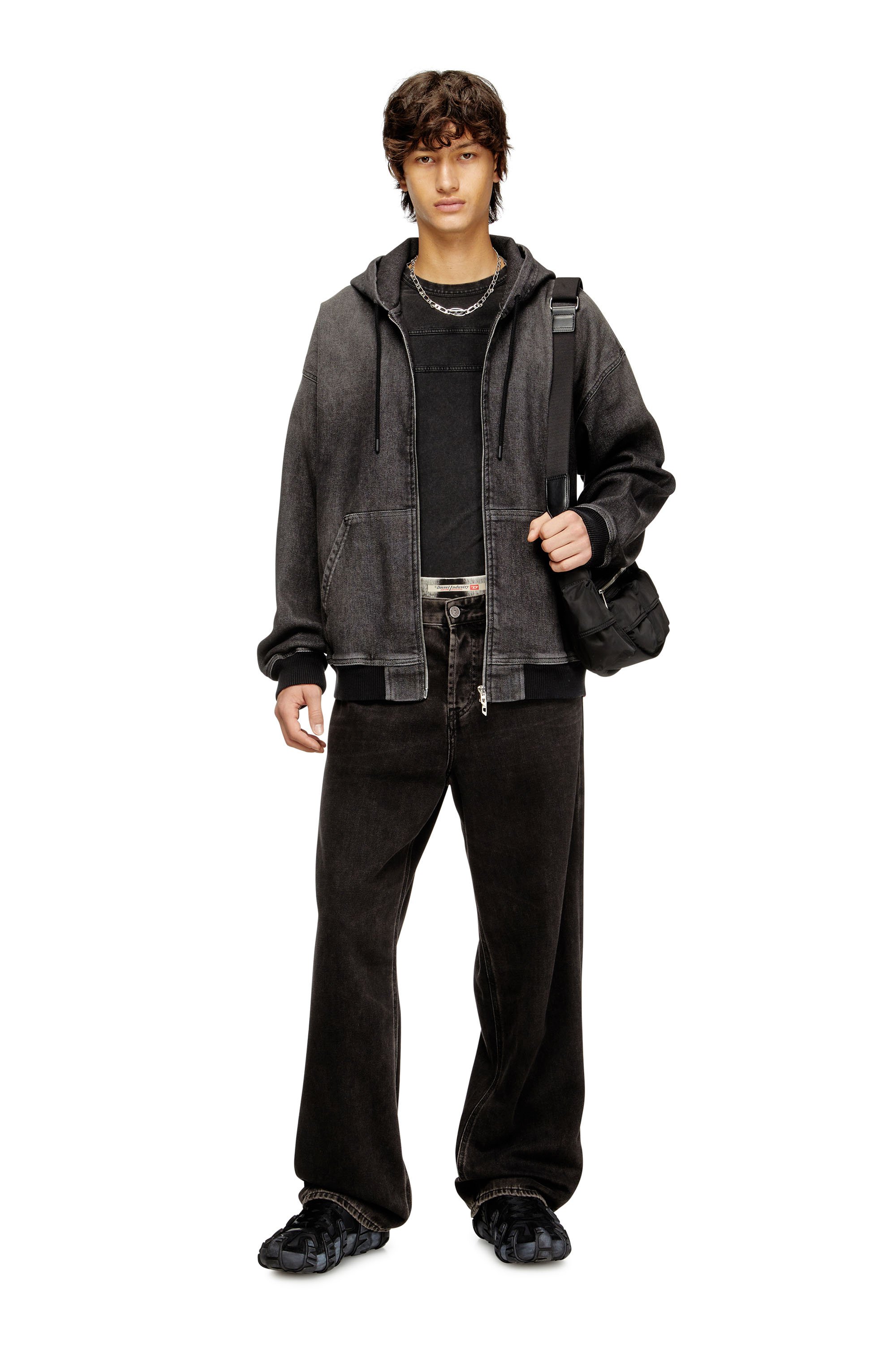 Diesel - D-GIRI-S TRACK, Unisex's Zipped hoodie in dirt-effect Track Denim in ブラック - 3